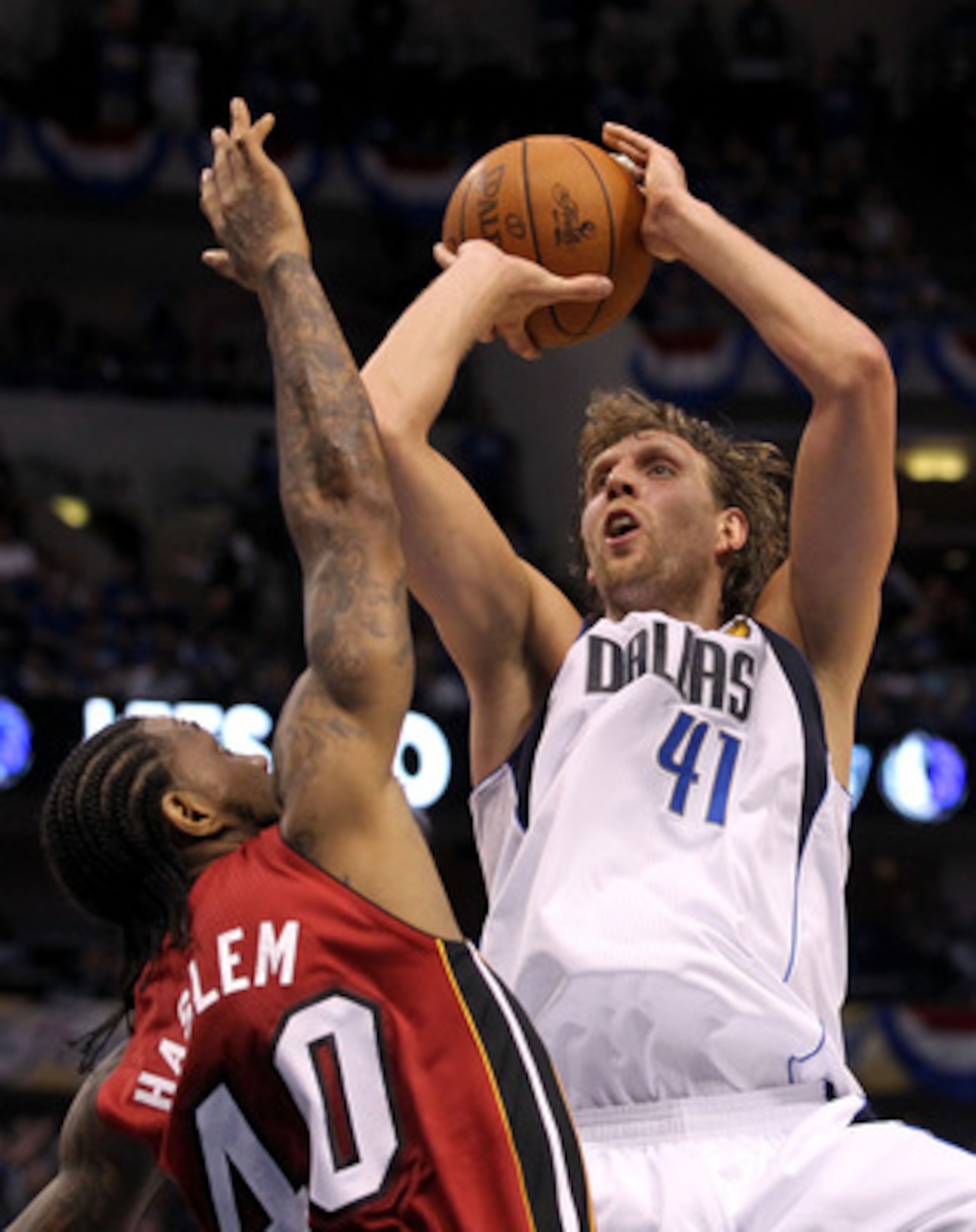 DALLAS, TX - JUNE 05:  Dirk Nowitzki #41 of the Dallas Mavericks attempts a shot against Udonis Haslem #40 of the Miami Heat in Game Three of the 2011 NBA Finals at American Airlines Center on June 5, 2011 in Dallas, Texas.  NOTE TO USER: User expressly a