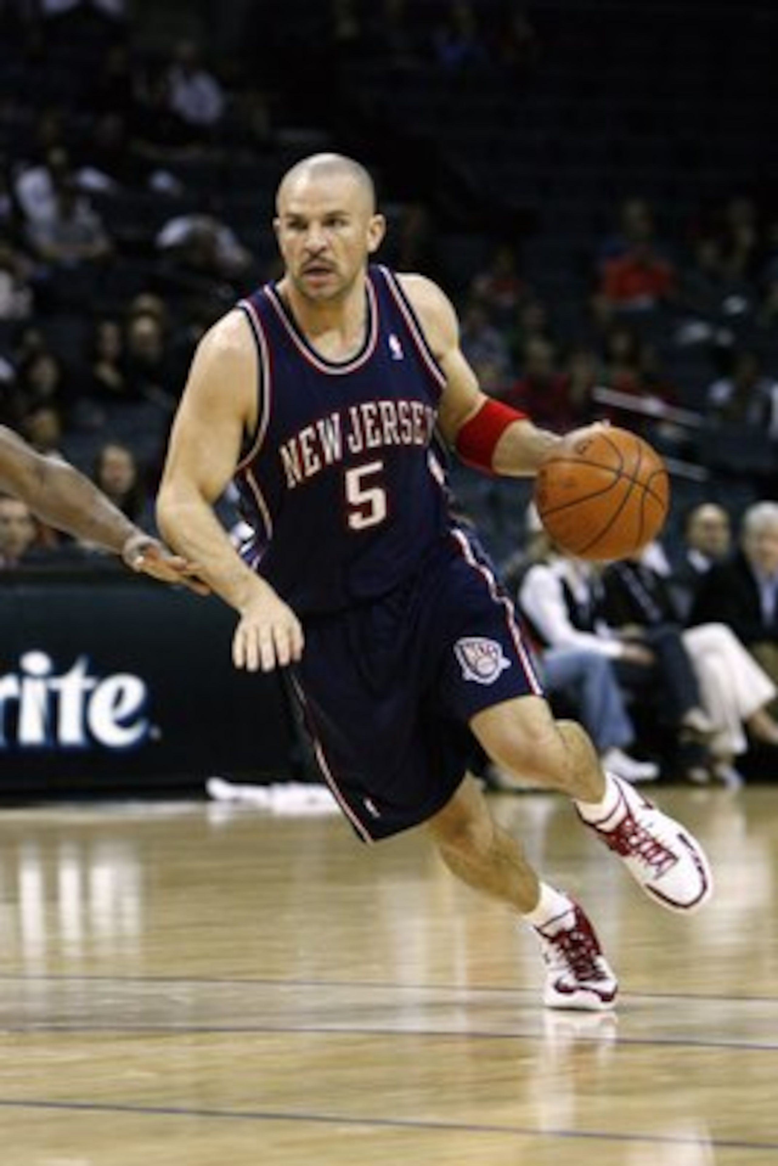 CHARLOTTE, NC - JANUARY 8: Jason Kidd #5 of the New Jersey Nets drives the ball up court during the game against the Charlotte Bobcats at Charlotte Bobcats Arena on January 8, 2008 in Charlotte, North Carolina.  Bobcats defeated Nets 115-99.  NOTE TO USER
