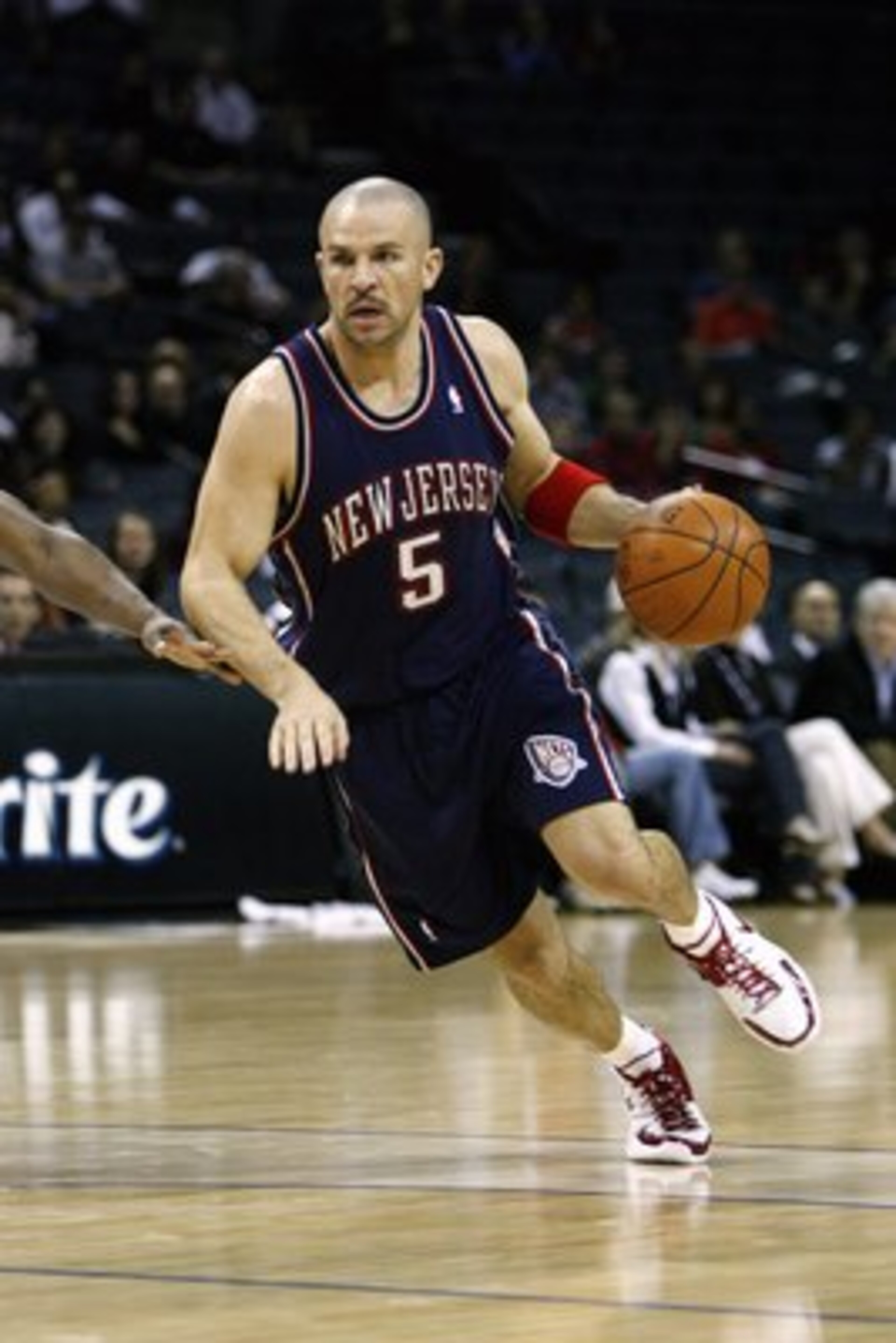 CHARLOTTE, NC - JANUARY 8: Jason Kidd #5 of the New Jersey Nets drives the ball up court during the game against the Charlotte Bobcats at Charlotte Bobcats Arena on January 8, 2008 in Charlotte, North Carolina.  Bobcats defeated Nets 115-99.  NOTE TO USER