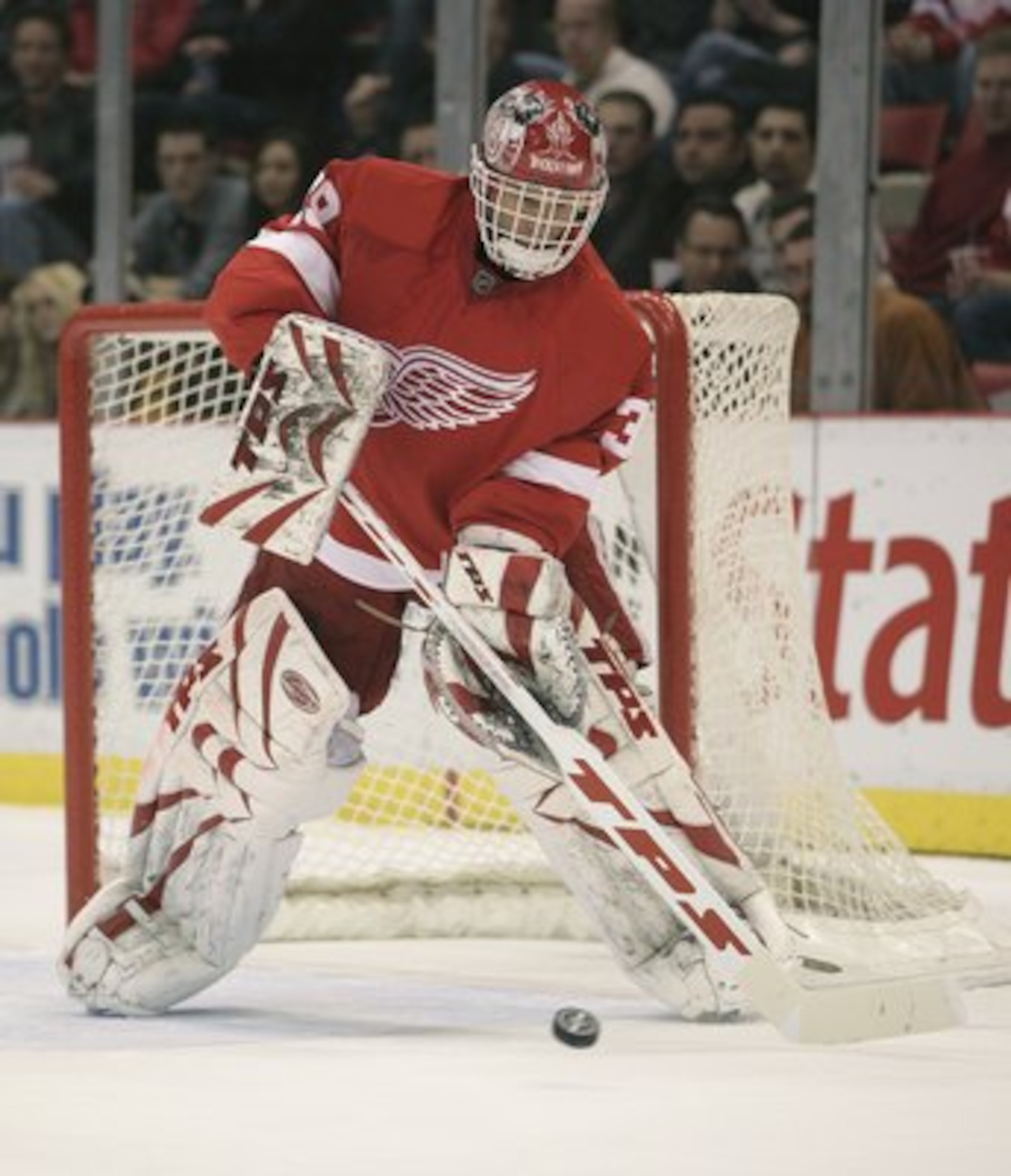 DETROIT - JANUARY 17: Dominic Hasek #39 of the Detroit Red Wings comes out to corral a shot cleared in a game against the Vancouver Canucks on January 17, 2008 at the Joe Louis Arena in Detroit, Michigan. The Wings defeated the Canucks 3-2 in a shootout. DETROIT - JANUARY 17: Dominic Hasek #39 of the Detroit Red Wings comes out to corral a shot cleared in a game against the Vancouver Canucks on January 17, 2008 at the Joe Louis Arena in Detroit, Michigan. The Wings defeated the Canucks 3-2 in a shootout.