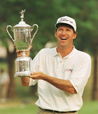 16 Jun 1996:  Steve Jones of America holds the US Open trophy aloft on the 18th green after victory by one shot in the final round of the U.S. Open at Oakland Hills Country Club in Bloomfield Hills, Michigan.  Mandatory Credit: Stephen Munday/ALLSPORT
