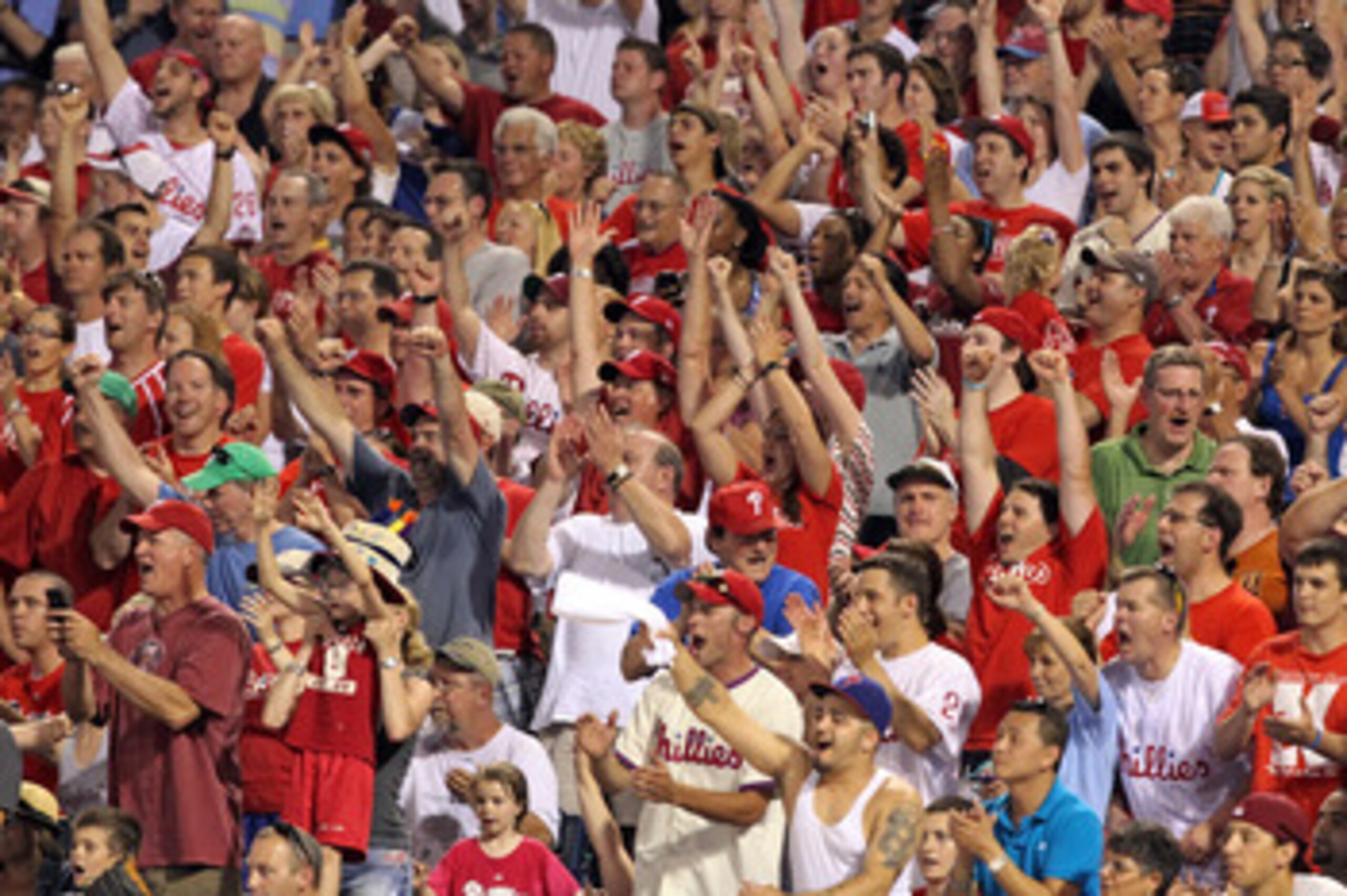 PHILADELPHIA - JUNE 8: Philadelphia Phillies fans cheer during a game against the Los Angeles Dodgers at Citizens Bank Park on June 8, 2011 in Philadelphia, Pennsylvania. The Phillies won 2-0. (Photo by Hunter Martin/Getty Images)