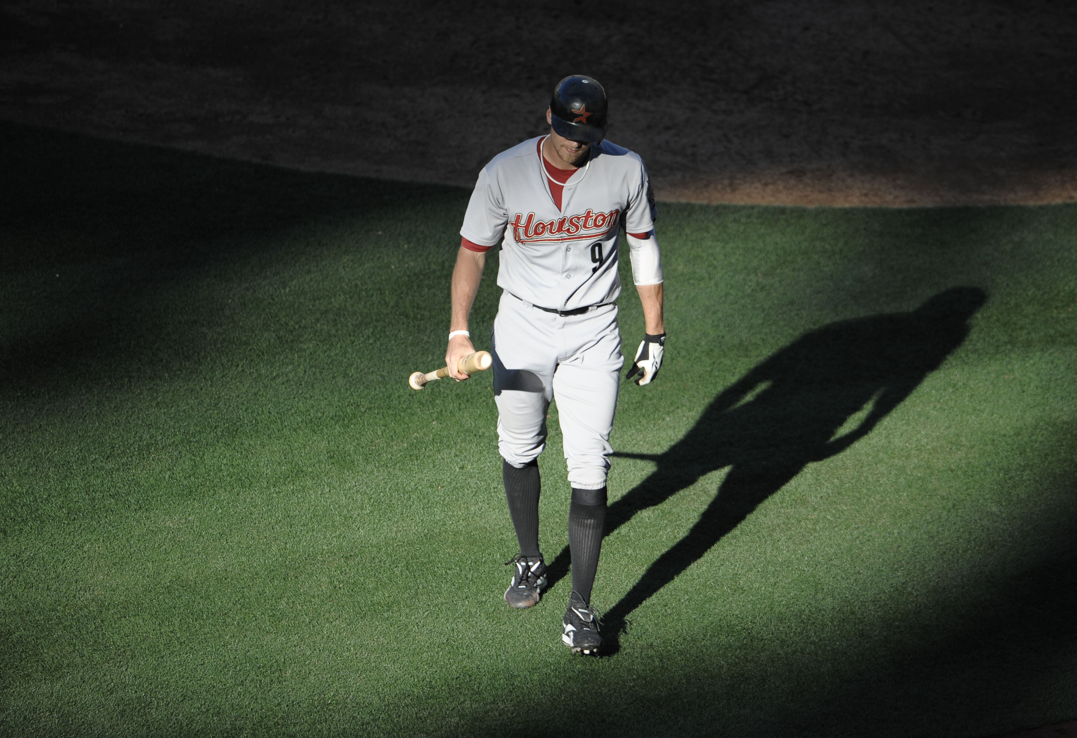 SAN DIEGO, CA - JUNE 5: Hunter Pence #9 of the Houston Astros walks off the field after striking out during the seventh inning of a baseball game against the San Diego Padres at Petco Park on June 5, 2011 in San Diego, California.  (Photo by Denis Poroy/G
