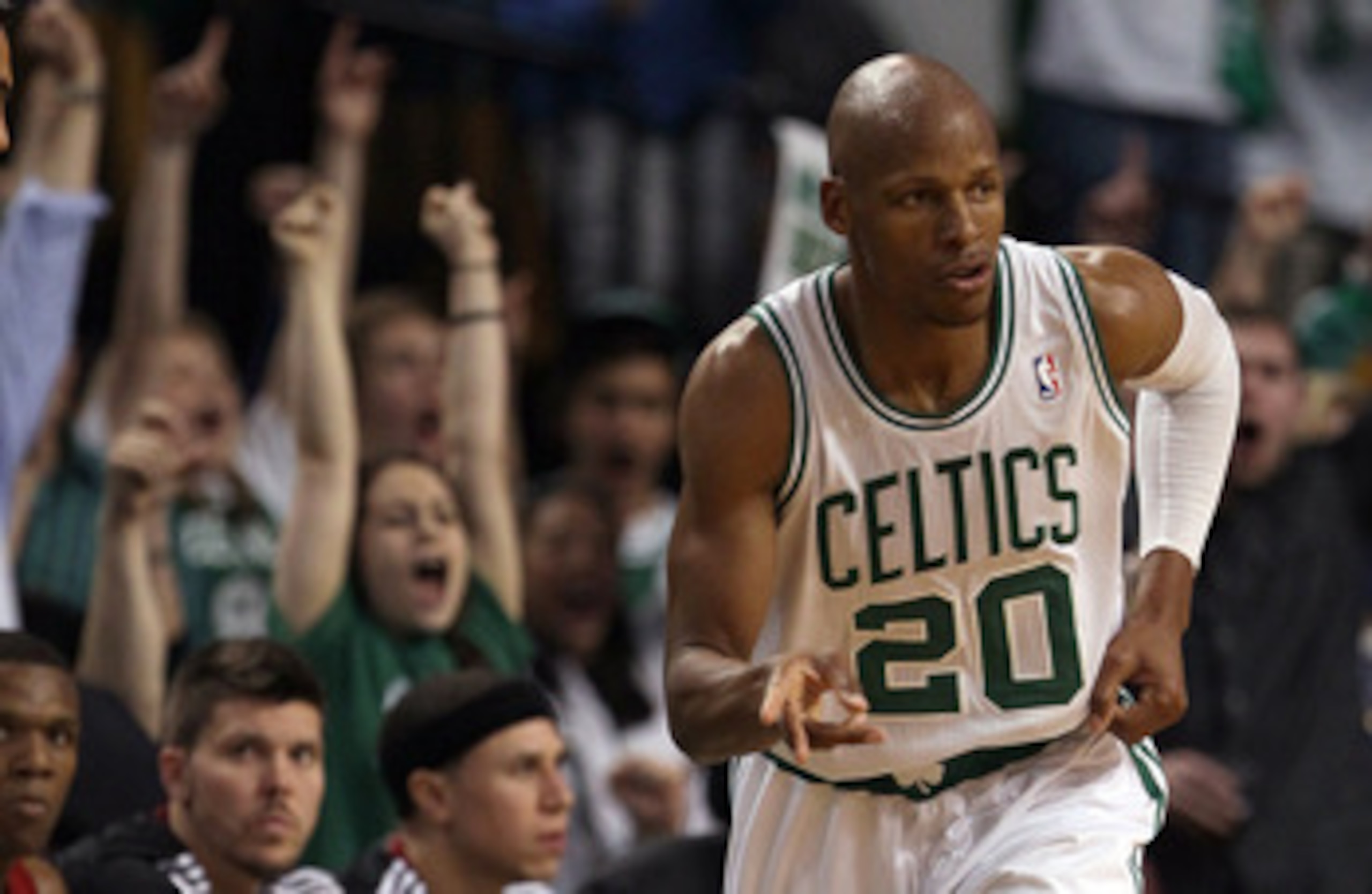 BOSTON, MA - MAY 07:  Ray Allen #20 of the Boston Celtics celebrates his basket in the fourth quarter against the Miami Heat in Game Three of the Eastern Conference Semifinals in the 2011 NBA Playoffs on May 7, 2011 at the TD Garden in Boston, Massachuset