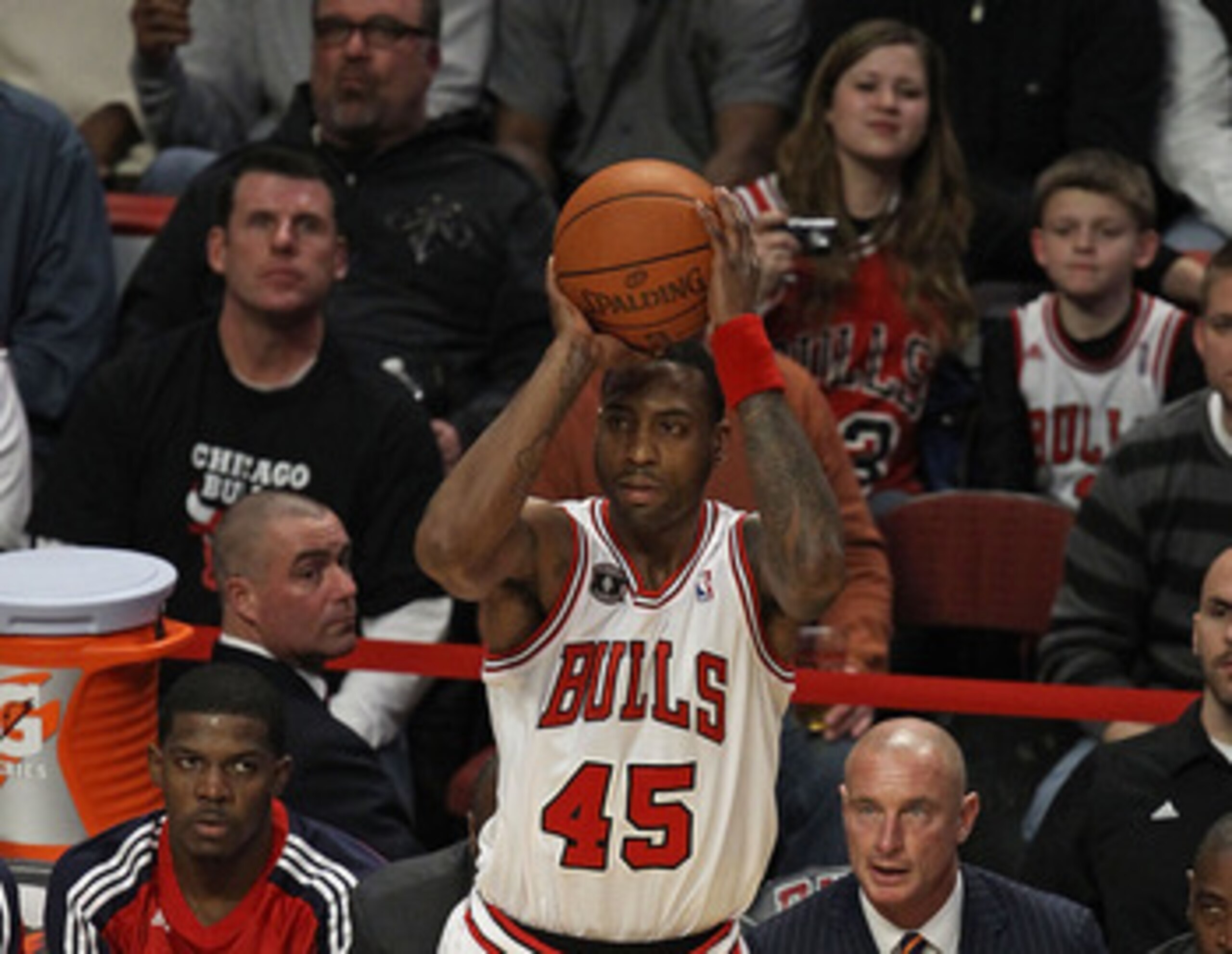 CHICAGO, IL - MARCH 11: Rasual Butler #45 of the Chicago Bulls gets his first playing time and basket as a member of the Bulls against the Atlanta Hawks at the United Center on March 11, 2011 in Chicago, Illinois. The Bulls defeated the Hawks 94-76. NOTE 
