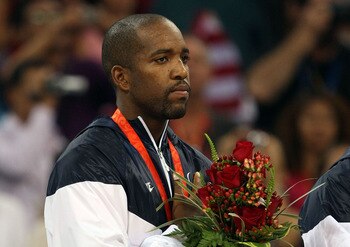 BEIJING - AUGUST 24:  Michael Redd #8 of the United States stands on the podium after winning the gold medal over Spain in the men's basketball final during Day 16 of the Beijing 2008 Olympic Games at the Beijing Olympic Basketball Gymnasium on August 24,