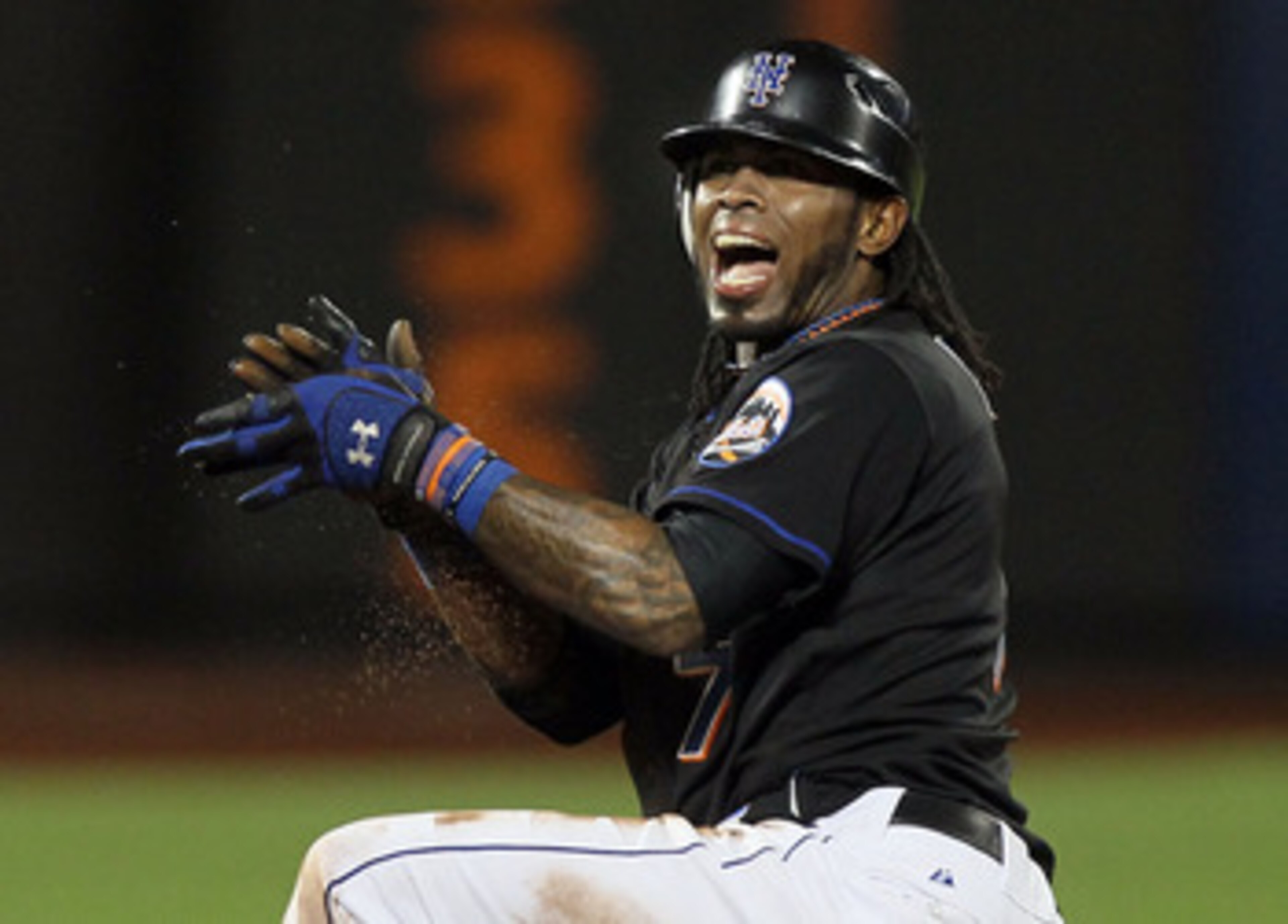 NEW YORK, NY - JUNE 05:  Jose Reyes #7 of the New York Mets celebrates his fourth inning RBI double against the Atlanta Braves on June 5, 2011 at Citi Field in the Flushing neighborhood of the Queens borough of New York City.  (Photo by Jim McIsaac/Getty