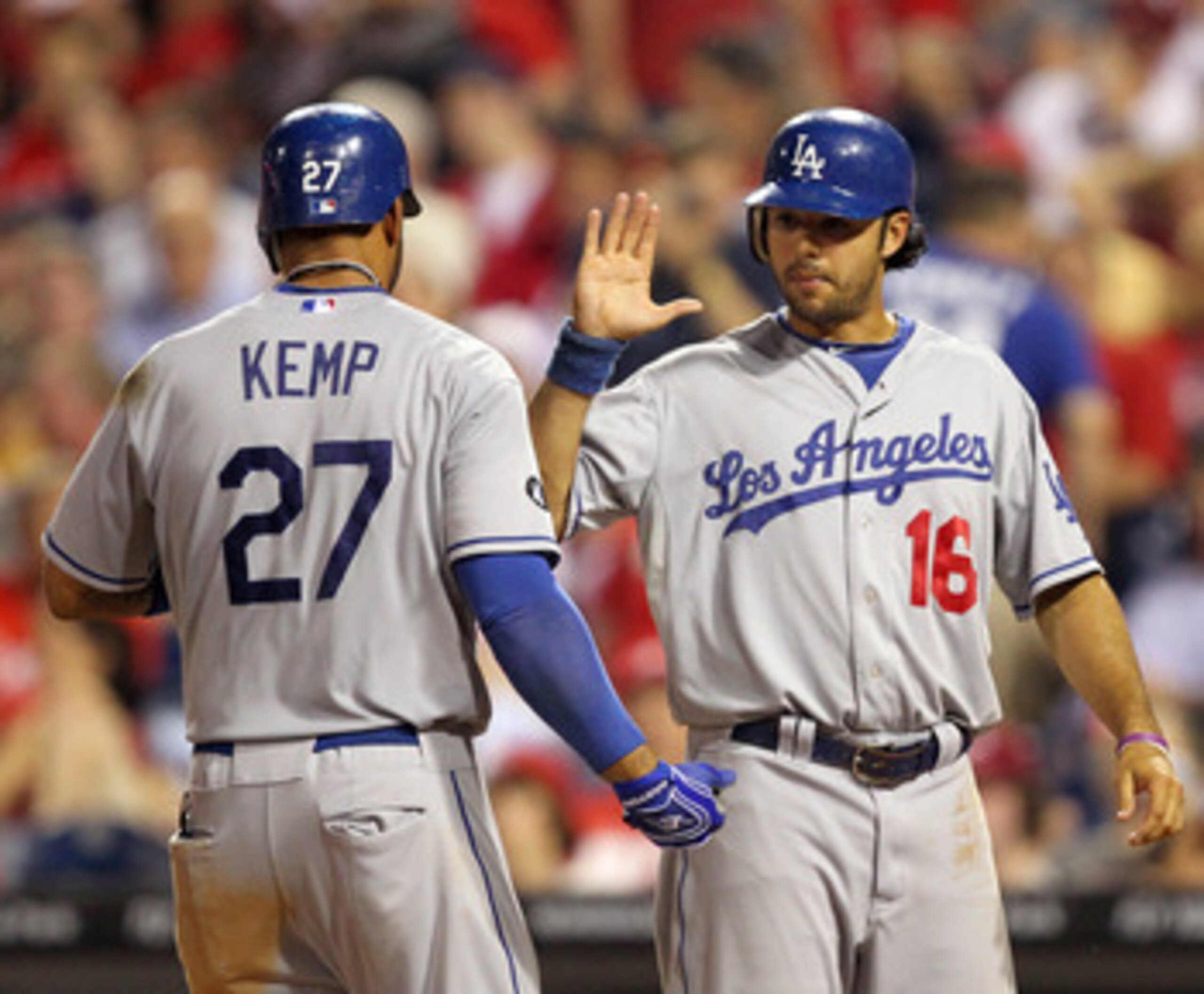PHILADELPHIA - JUNE 7: Center fielder Matt Kemp #27 of the Los Angeles Dodgers is congratulated by right fielder Andre Ethier #16 after hitting a home run during a game against the Philadelphia Phillies at Citizens Bank Park on June 7, 2011 in Philadelphi