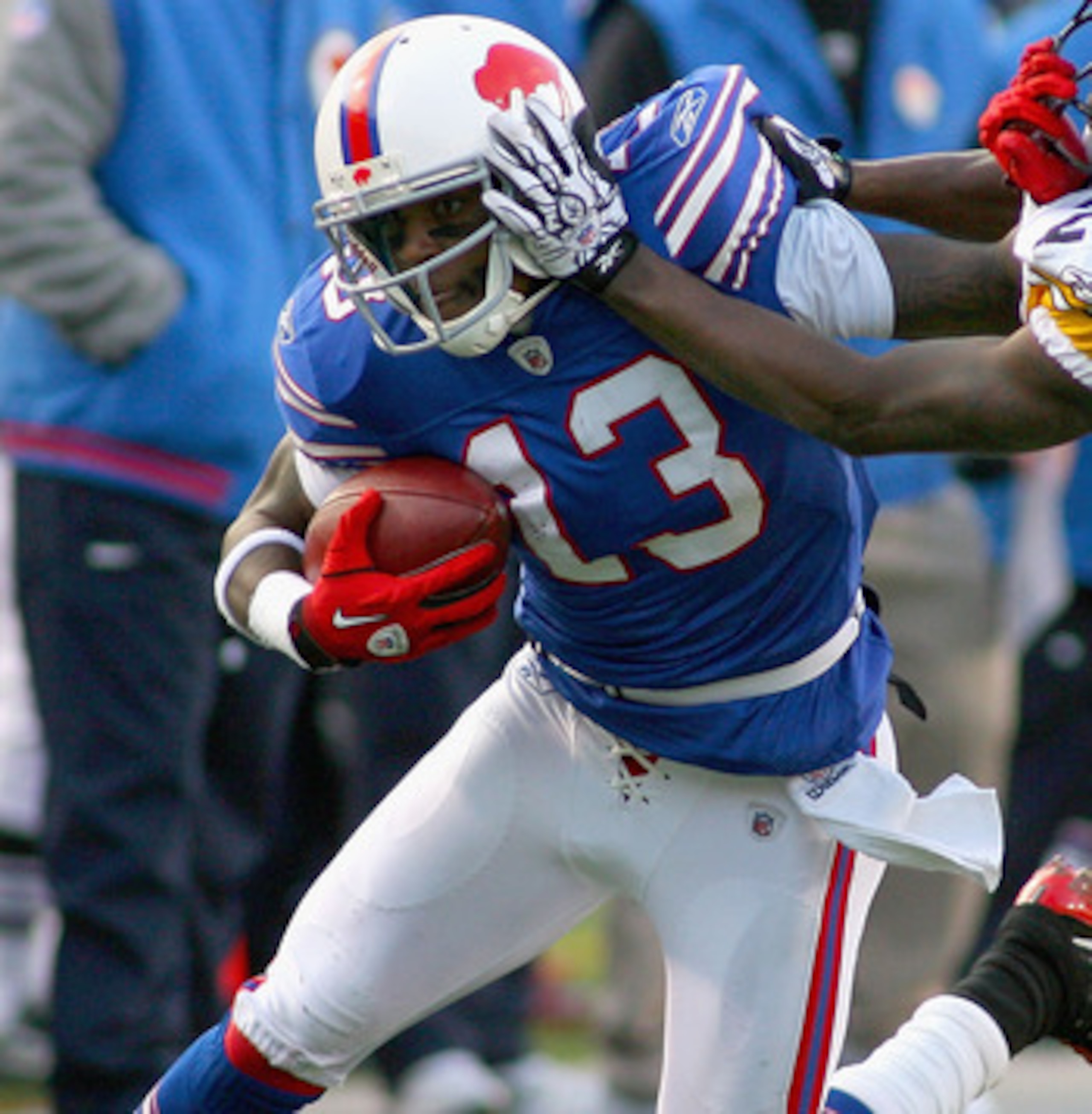 ORCHARD PARK, NY - NOVEMBER 28: Steve Johnson #13 of the Buffalo Bills is pushed out of bounds by William Gay #22 of the Pittsburgh Steelers at Ralph Wilson Stadium at Ralph Wilson Stadium on November 28, 2010 in Orchard Park, New York.  (Photo by Rick St