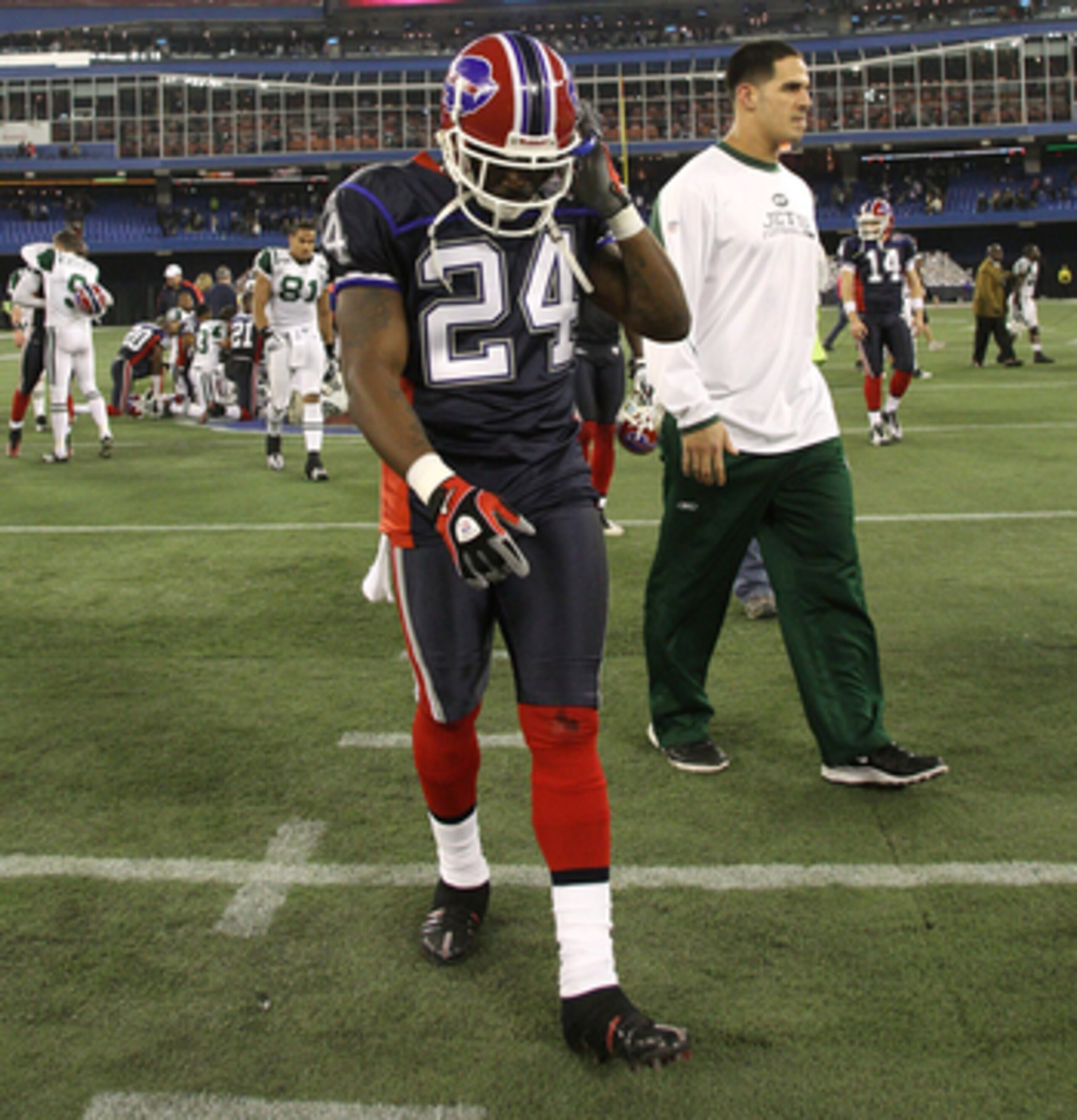 TORONTO - DECEMBER 3: Terrence McGee #24 of the Buffalo Bills walks off the field dejected after their 19-16 loss to the New York Jets at Rogers Centre on December 3, 2009 in Toronto, Canada.  (Photo by Rick Stewart/Getty Images)