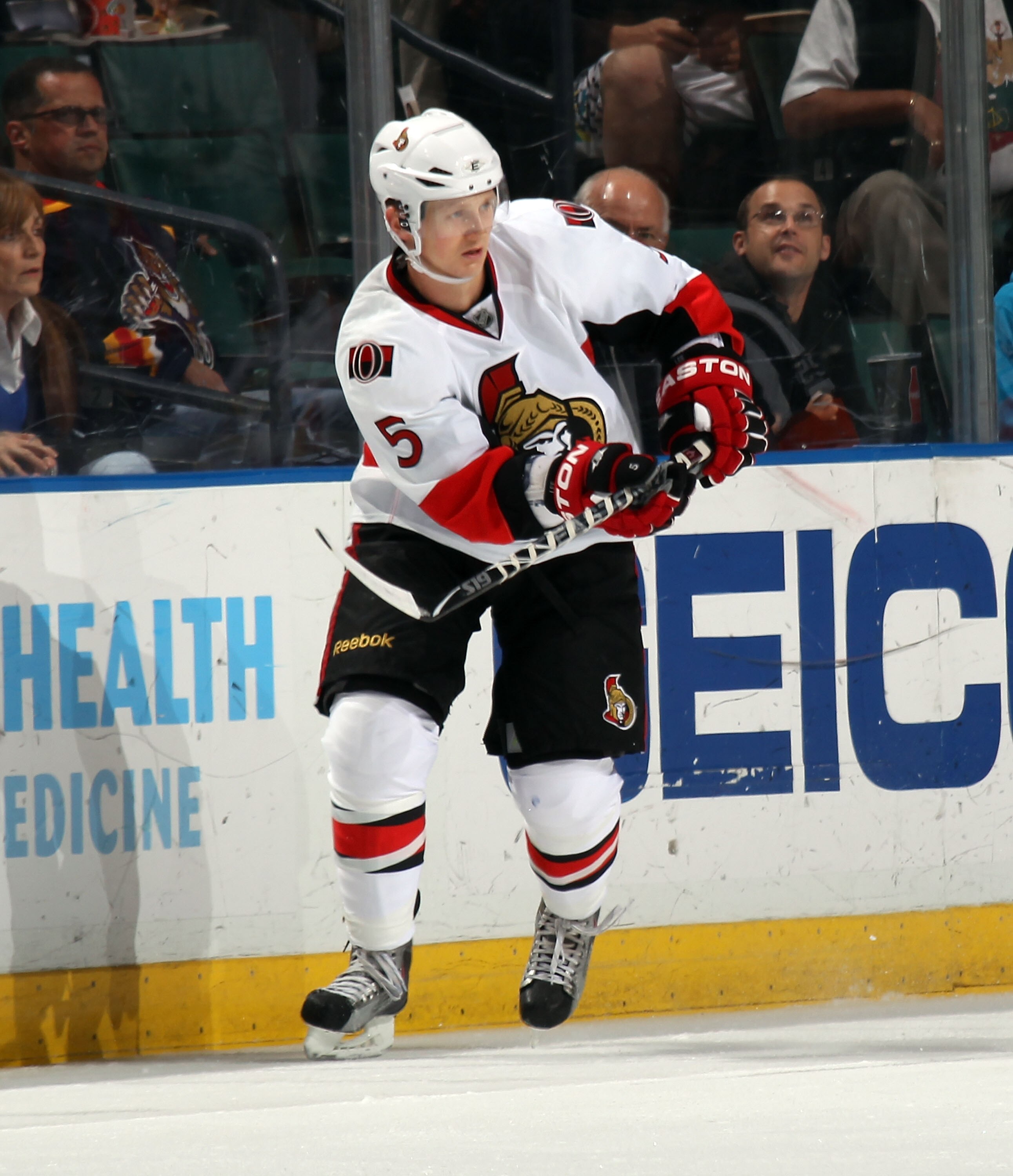 SUNRISE, FL - MARCH 10:  Brian Lee #5 of the Ottawa Senators skates against the Florida Panthers at the BankAtlantic Center on March 10, 2011 in Sunrise, Florida.  (Photo by Bruce Bennett/Getty Images)