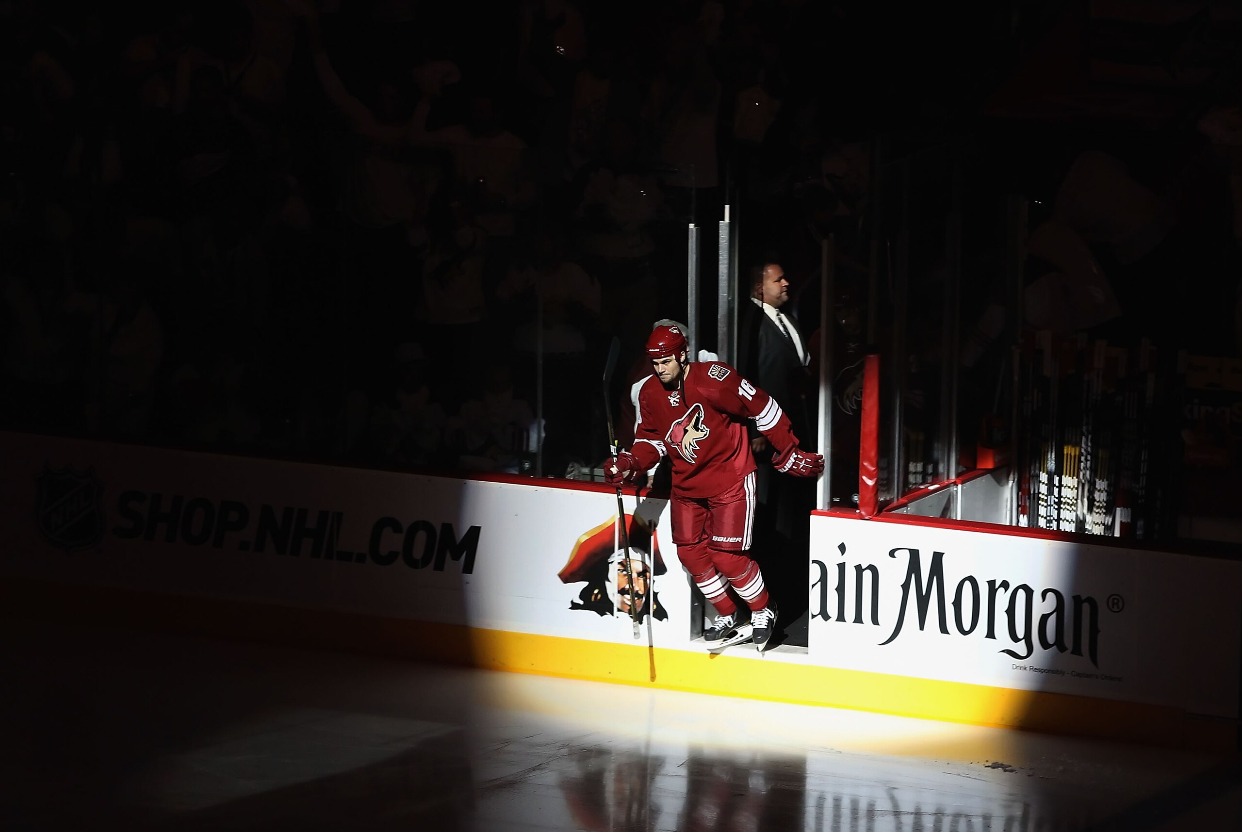 GLENDALE, AZ - APRIL 20:  Rostislav Klesla #16 of the Phoenix Coyotes skates out onto the ice before Game Four of the Western Conference Quarterfinals against the Detroit Red Wings during the 2011 NHL Stanley Cup Playoffs at Jobing.com Arena on April 20,