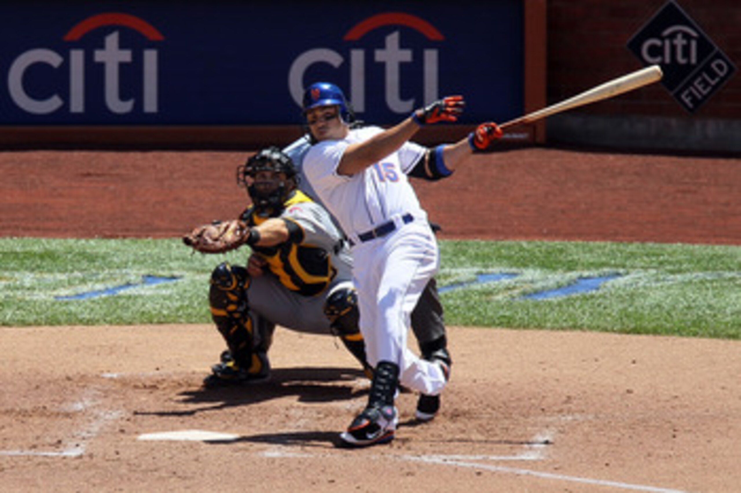 NEW YORK, NY - JUNE 02:  Carlos Beltran #15 of the New York Mets folows through on his third inning three run home run against the Pittsburgh Pirates on June 2, 2011 at Citi Field in the Flushing neighborhood of the Queens borough of New York City. The Me