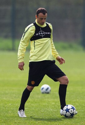 MANCHESTER, ENGLAND - APRIL 11:  Dimitar Berbatov of Manchester United controls the ball during a training session ahead of their UEFA Champions League quarter final second leg match against Chelsea at the Carrington Training Complex on April 11, 2011 in
