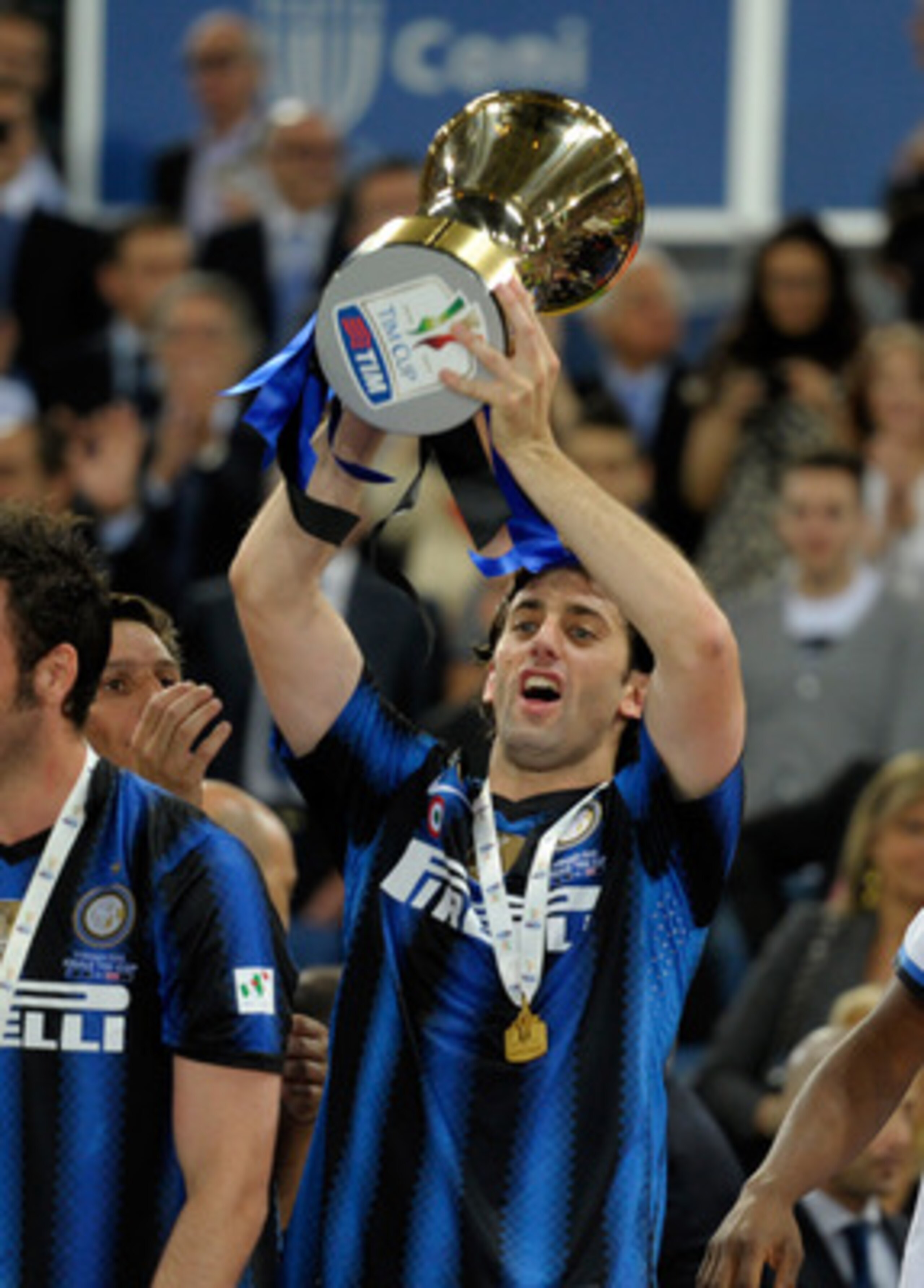 ROME, ITALY - MAY 29:  Diego Milito of  FC Internazionale Milano celebrates after victory in the Tim Cup final during the Tim Cup final between FC Internazionale Milano and US Citta di Palermo at Olimpico Stadium on May 29, 2011 in Rome, Italy.  (Photo by