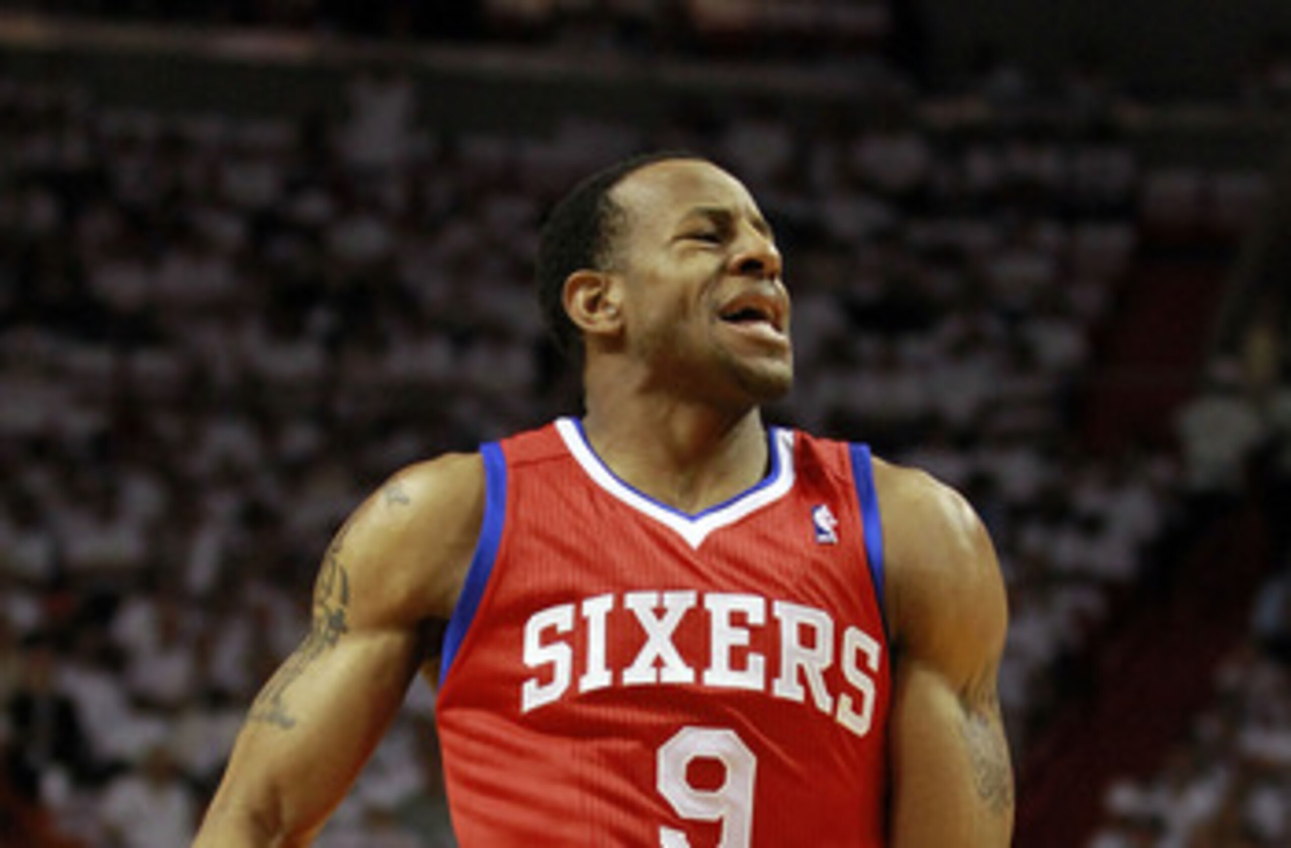 MIAMI, FL - APRIL 16:  Andre Iguodala #9 of the Philadelphia 76ers  against the Maim Heat at the American Airlines Arena in Game One of the Eastern Conference Quarterfinals in the 2011 NBA Playoffs on April 16, 2011 in Miami, Florida.The Heat defeated the