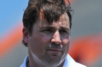 GAINESVILLE, FL - APRIL 9:  Coach Will Muschamp of the Florida Gators talks to reporters after the Orange and Blue spring football game April 9, 2011 at Ben Hill Griffin Stadium in Gainesville, Florida.  (Photo by Al Messerschmidt/Getty Images)