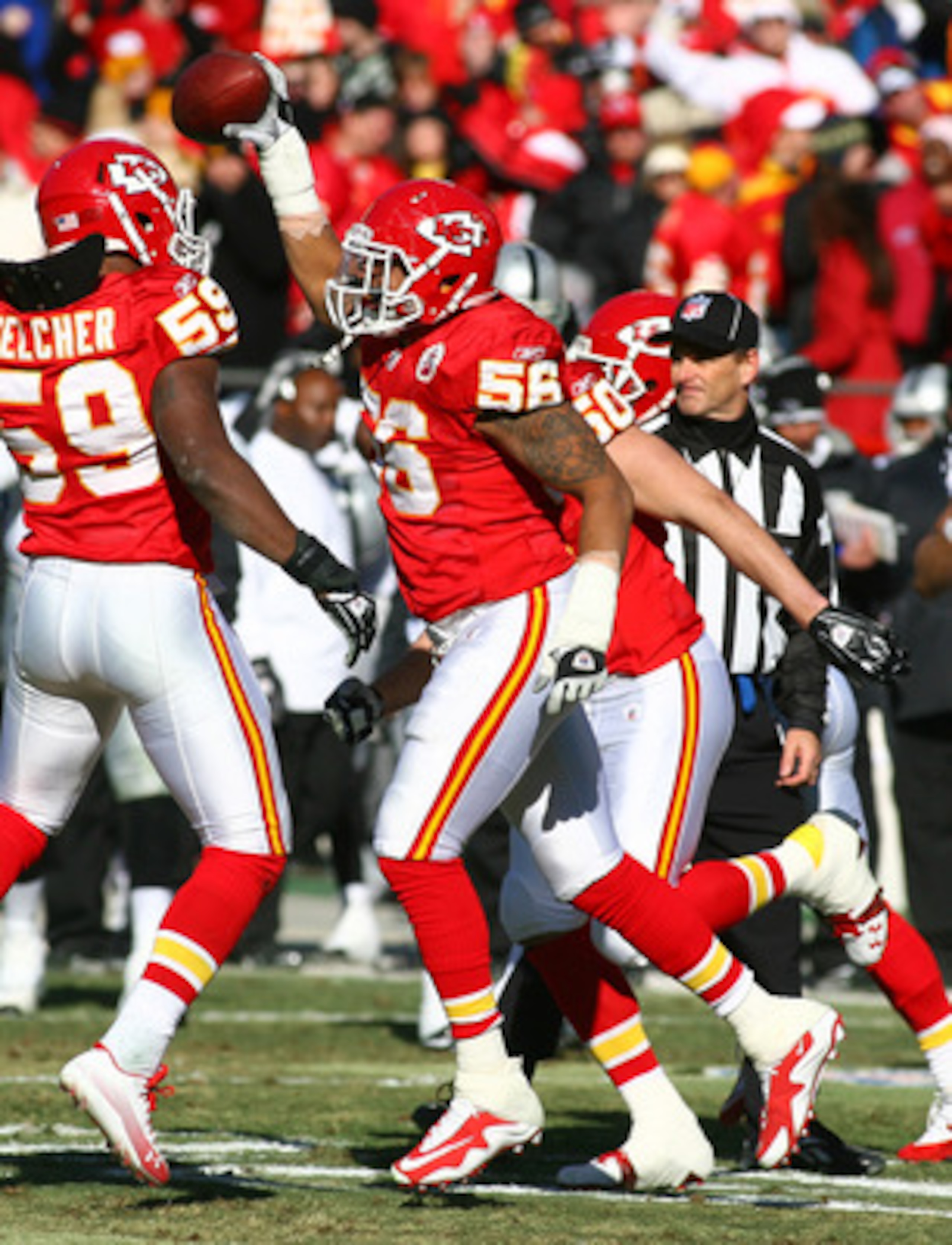 KANSAS CITY, MO - JANUARY 02: Linebacker Derrick Johnson #56 of the Kansas City Chiefs celebrates after recovering a fumble in a game against the Oakland Raiders at Arrowhead Stadium on January 2, 2011 in Kansas City, Missouri. (Photo by Tim Umphrey/Get KANSAS CITY, MO - JANUARY 02: Linebacker Derrick Johnson #56 of the Kansas City Chiefs celebrates after recovering a fumble in a game against the Oakland Raiders at Arrowhead Stadium on January 2, 2011 in Kansas City, Missouri. (Photo by Tim Umphrey/Get