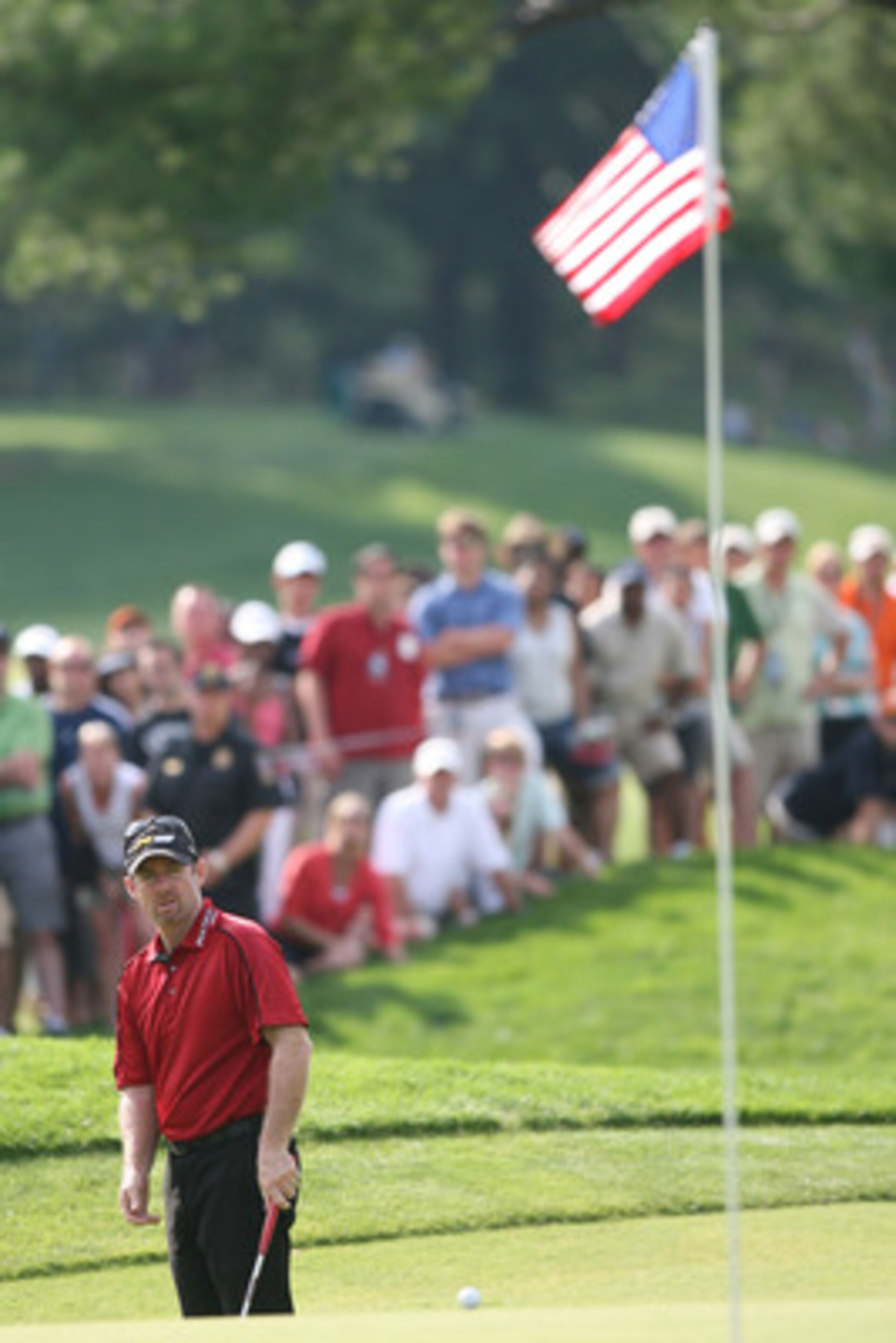 BETHESDA, MD - JULY 04:  Rod Pampling watches his shot during the third round of the AT&T National hosted by Tiger Woods at Congressional Country Club on July 4, 2009 in Bethesda, Maryland.  (Photo by Hunter Martin/Getty Images)