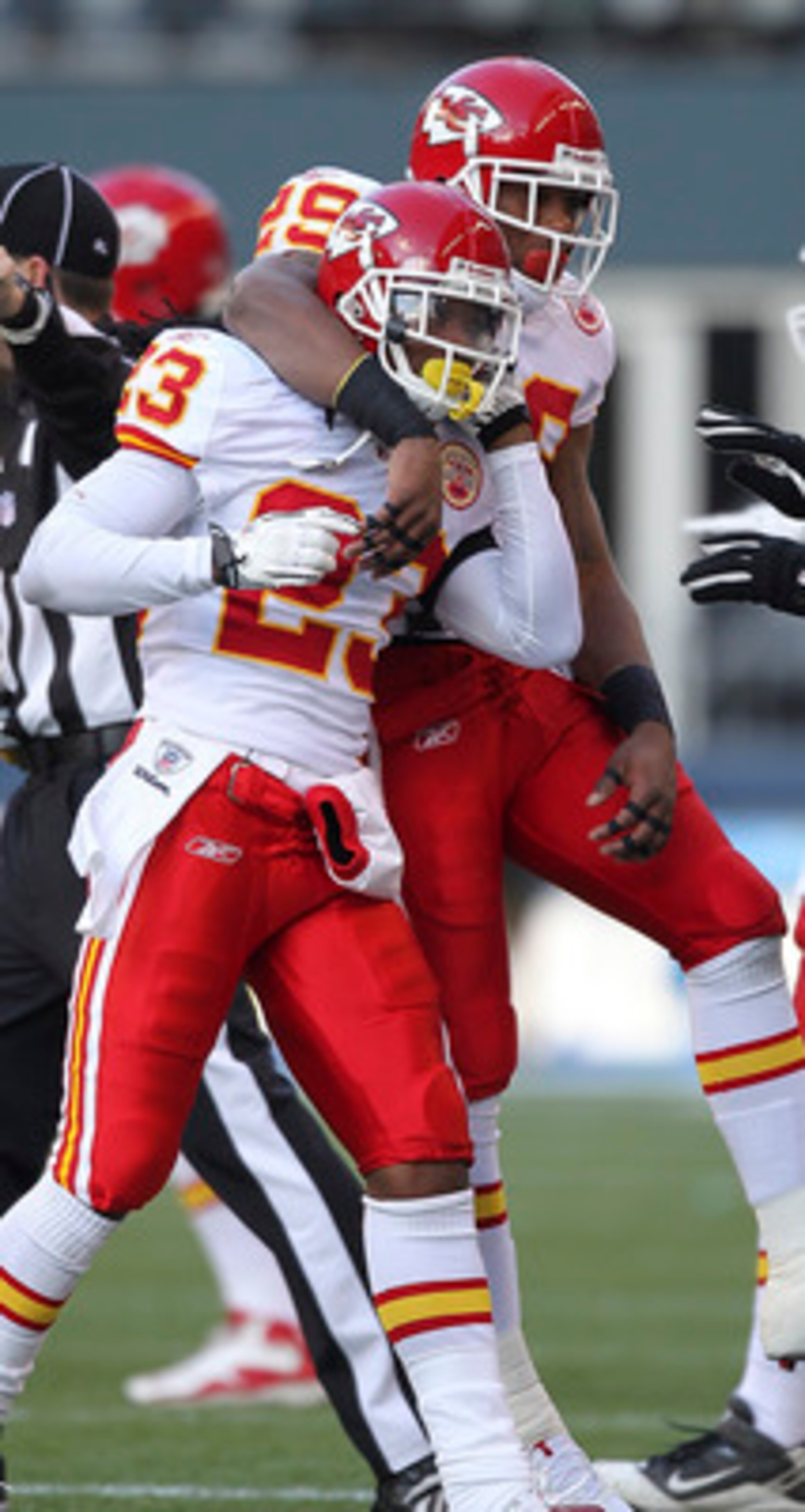 SEATTLE - NOVEMBER 28: Safety Kendrick Lewis #23 of the Kansas City Chiefs is congratulated by Eric Berry #29 after intercepting a pass against the Seattle Seahawks at Qwest Field on November 28, 2010 in Seattle, Washington. The Chiefs defeated the Seaha SEATTLE - NOVEMBER 28: Safety Kendrick Lewis #23 of the Kansas City Chiefs is congratulated by Eric Berry #29 after intercepting a pass against the Seattle Seahawks at Qwest Field on November 28, 2010 in Seattle, Washington. The Chiefs defeated the Seaha
