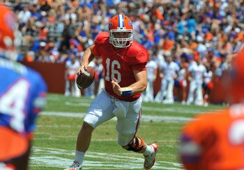 GAINESVILLE, FL - APRIL 9:  Quarterback Jeff Driskel #16 of the Florida Gators runs upfield during the Orange and Blue spring football game April 9, 2011 at Ben Hill Griffin Stadium in Gainesville, Florida.  (Photo by Al Messerschmidt/Getty Images)
