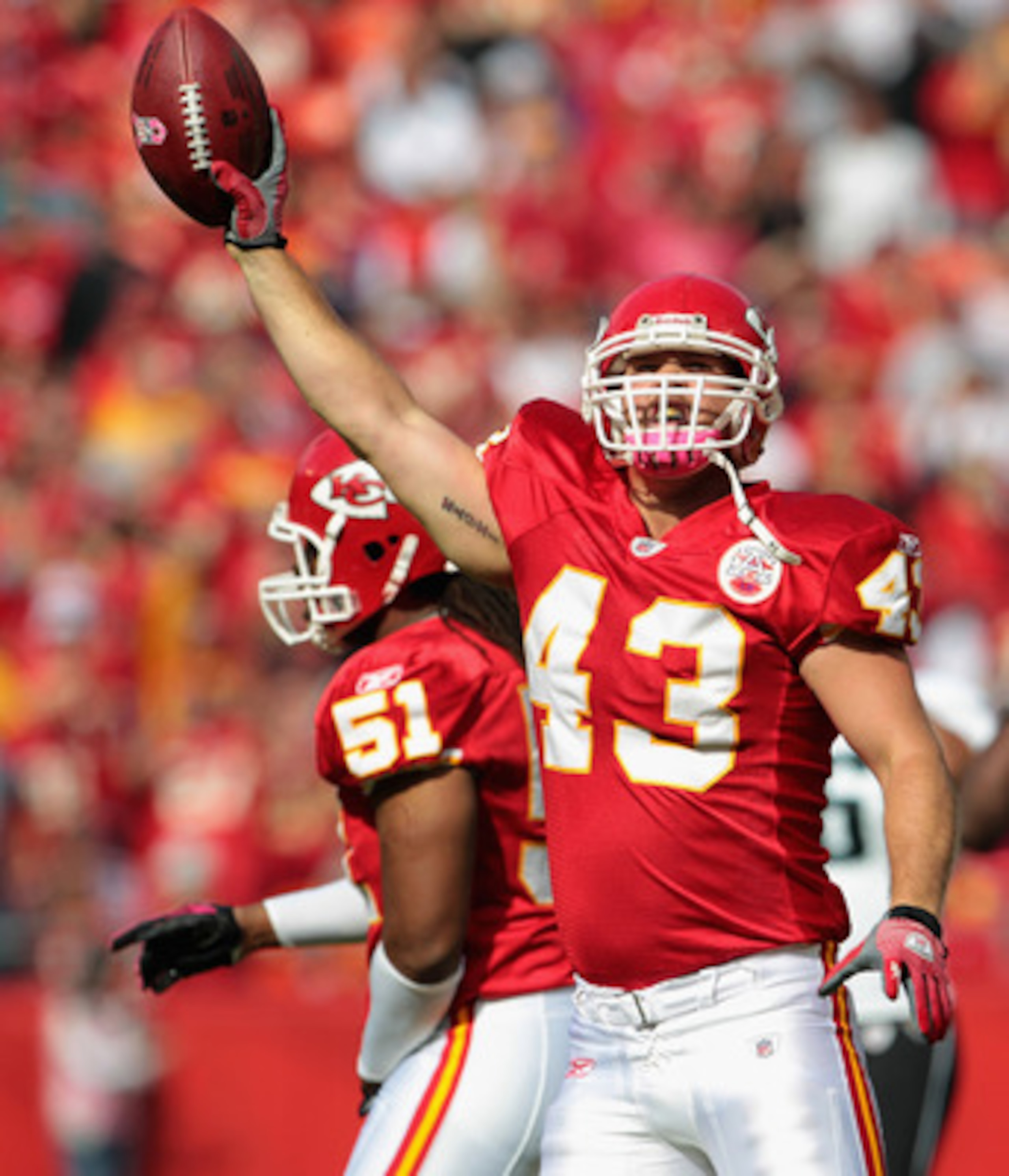 KANSAS CITY, MO - OCTOBER 24: Thomas Gafford #43 of the Kansas City Chiefs celebrates after recovering a fumble during the game against the Jacksonville Jaguars on October 24, 2010 at Arrowhead Stadium in Kansas City, Missouri. (Photo by Jamie Squire/Ge KANSAS CITY, MO - OCTOBER 24: Thomas Gafford #43 of the Kansas City Chiefs celebrates after recovering a fumble during the game against the Jacksonville Jaguars on October 24, 2010 at Arrowhead Stadium in Kansas City, Missouri. (Photo by Jamie Squire/Ge