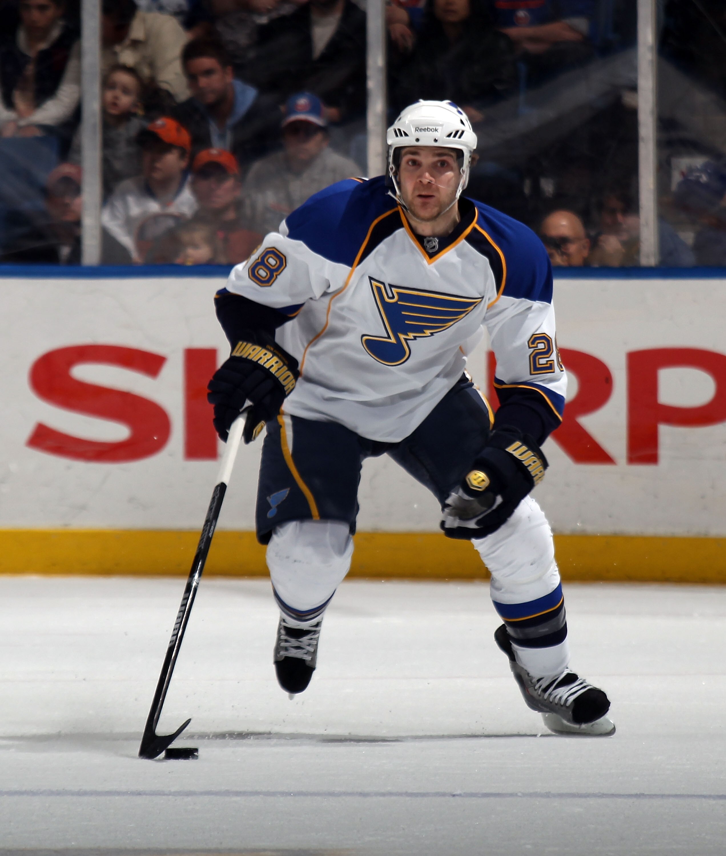 UNIONDALE, NY - MARCH 05:  Carlo Colaiacovo #28 of the St. Louis Blues skates against the New York Islanders at the Nassau Coliseum on March 5, 2011 in Uniondale, New York.  (Photo by Bruce Bennett/Getty Images)
