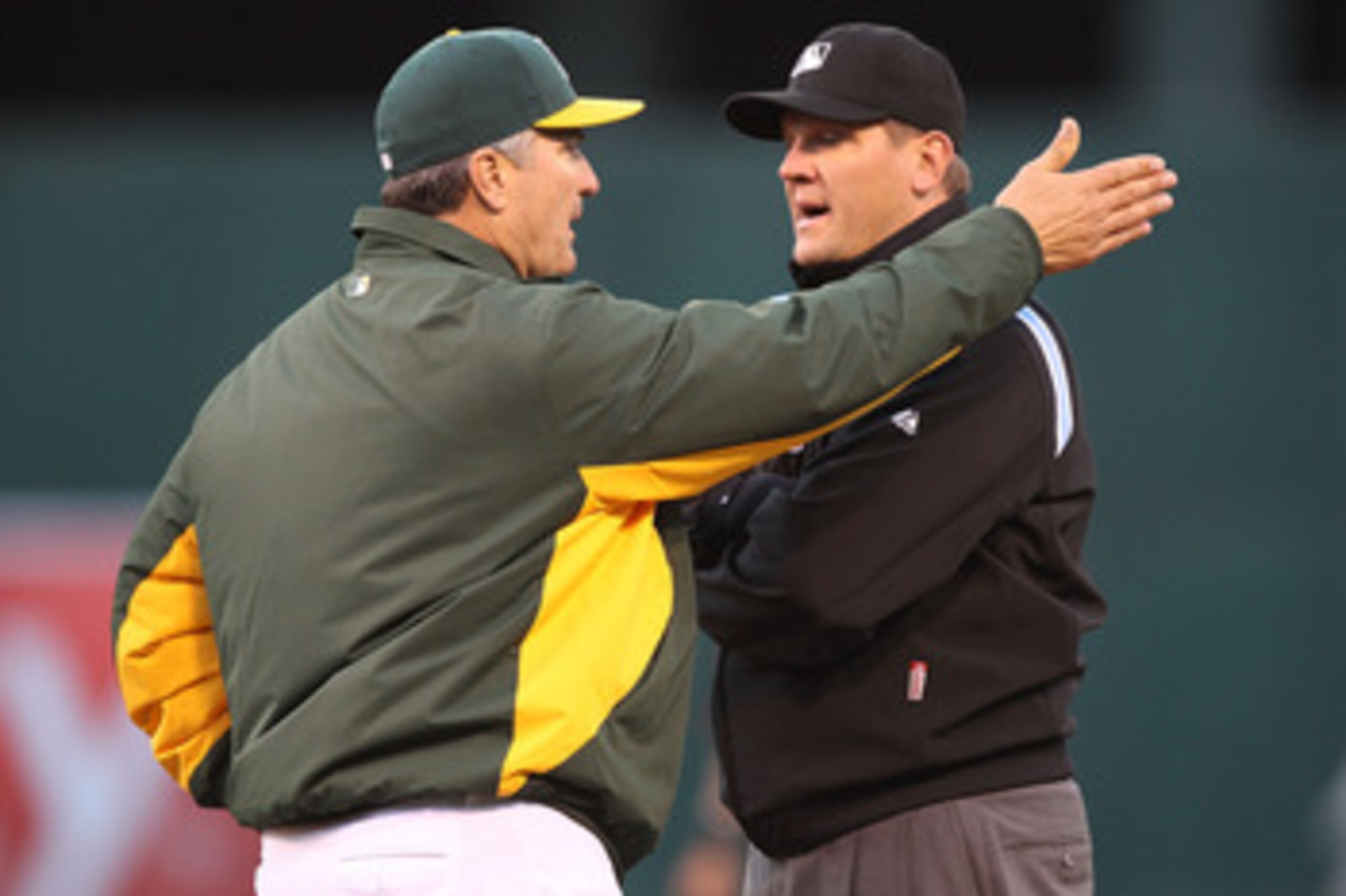 OAKLAND, CA - MAY 27:  Manager Bob Geren of the Oakland Athletics argues with umpire Chad Fairchild on a foul ball call in the second inning against the Baltimore Orioles during a Major League Baseball game at the Oakland-Alameda County Coliseum on May 27