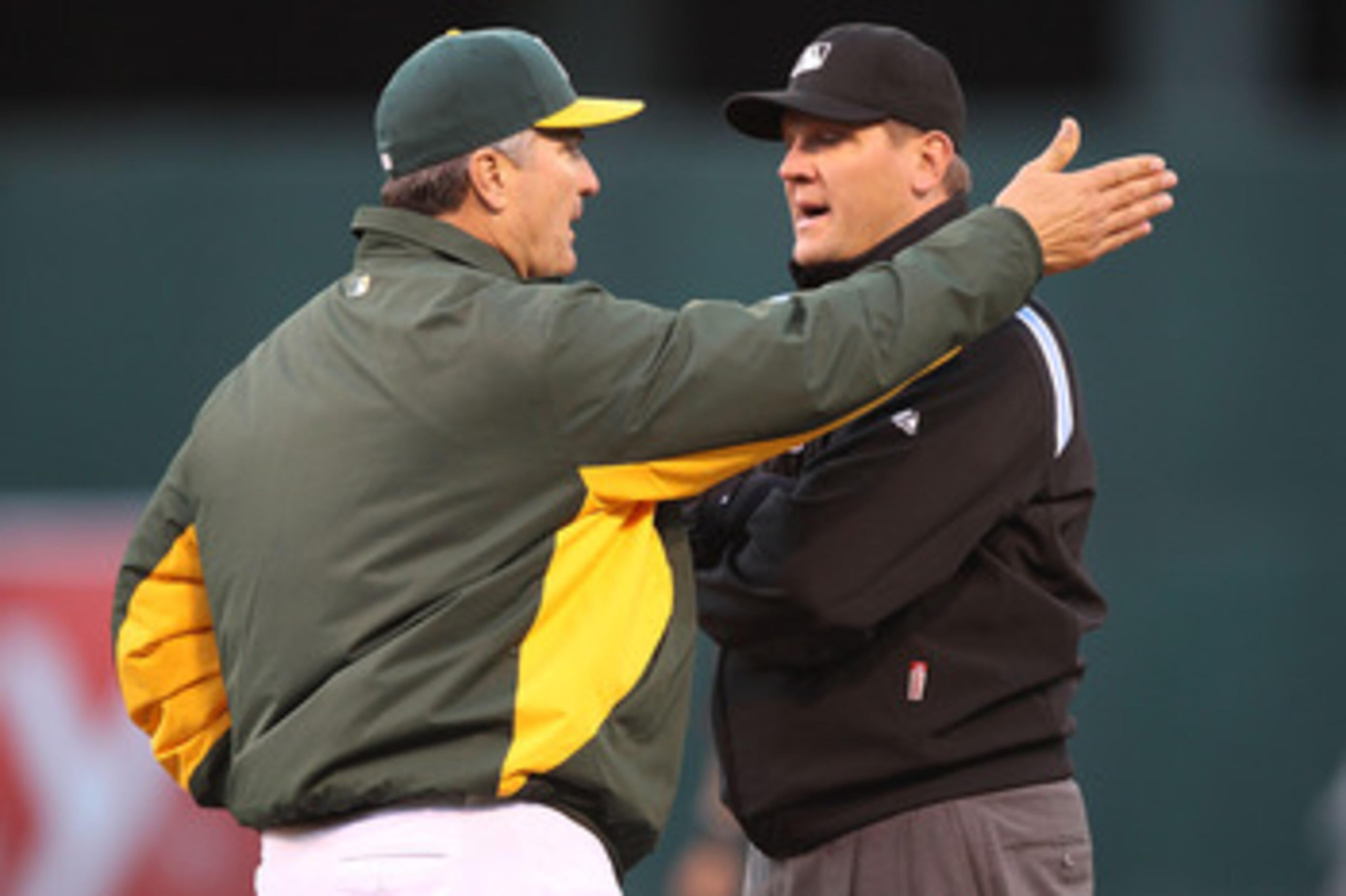 OAKLAND, CA - MAY 27:  Manager Bob Geren of the Oakland Athletics argues with umpire Chad Fairchild on a foul ball call in the second inning against the Baltimore Orioles during a Major League Baseball game at the Oakland-Alameda County Coliseum on May 27