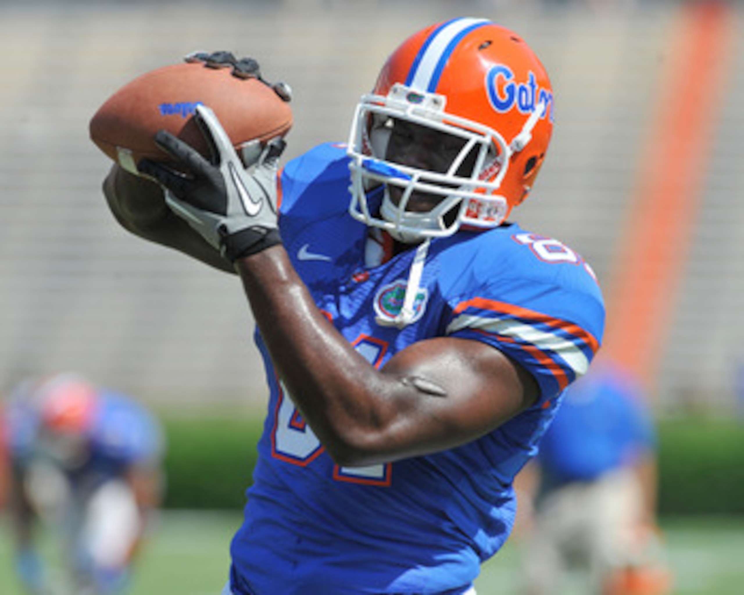 GAINESVILLE, FL - APRIL 9:  Tight end A. C. Leonard #81 of the Florida Gators grabs a warmup pass before the Orange and Blue spring football game April 9, 2011 at Ben Hill Griffin Stadium in Gainesville, Florida.  (Photo by Al Messerschmidt/Getty Images)