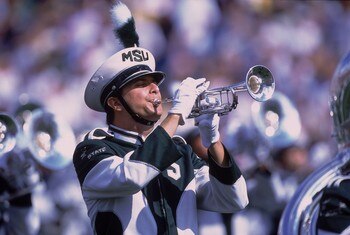 22 Sep 2001:  The Michigan State Spartans Band plays during the game against the Notre Dame Fighting Irish at the Notre Dame Stadium in South Bend, Indiana. The Spartans defeated the Fighting Irish 17-10.Mandatory Credit: Jonathan Daniel  /Allsport