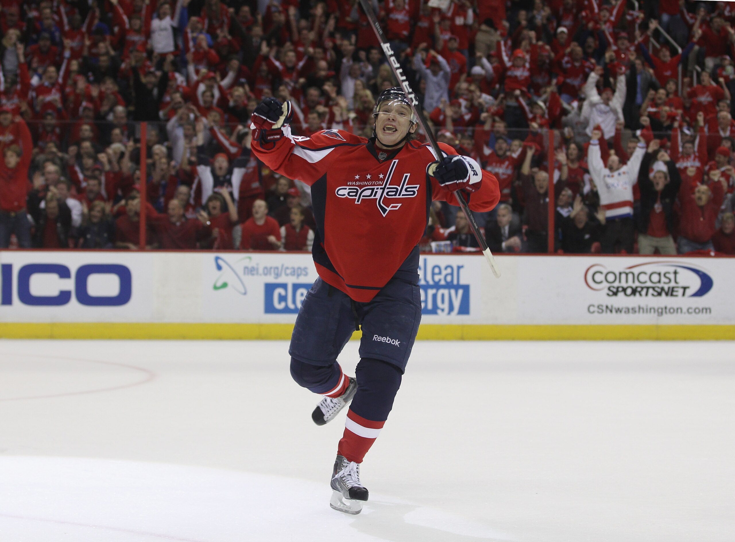 WASHINGTON, DC - APRIL 13:  Alexander Semin #28 of the Washington Capitals scores the game winning goal at 18:24 of overtime against the New York Rangers in Game One of the Eastern Conference Quarterfinals during the 2011 NHL Stanley Cup Playoffs at Veriz