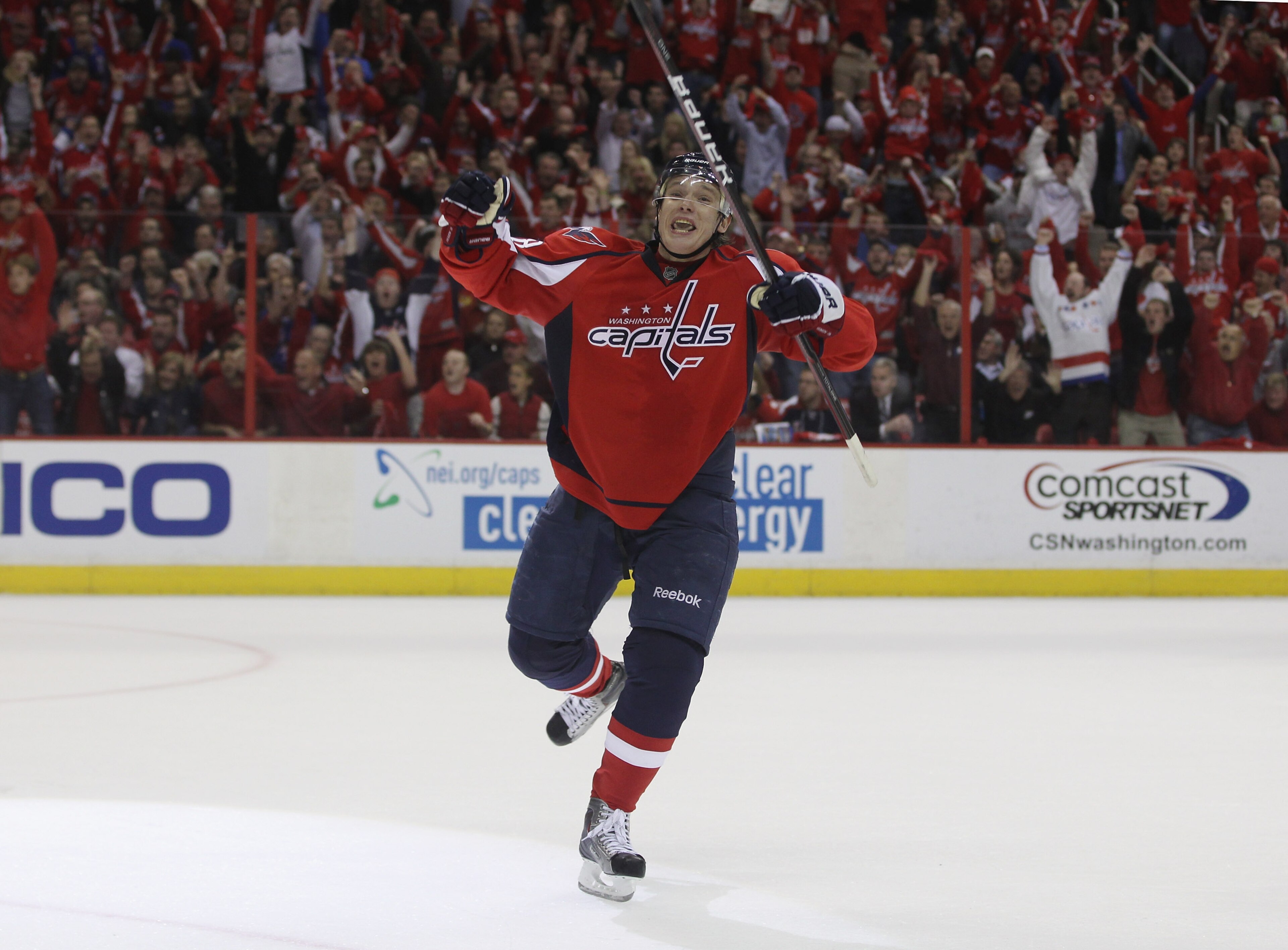 WASHINGTON, DC - APRIL 13:  Alexander Semin #28 of the Washington Capitals scores the game winning goal at 18:24 of overtime against the New York Rangers in Game One of the Eastern Conference Quarterfinals during the 2011 NHL Stanley Cup Playoffs at Veriz