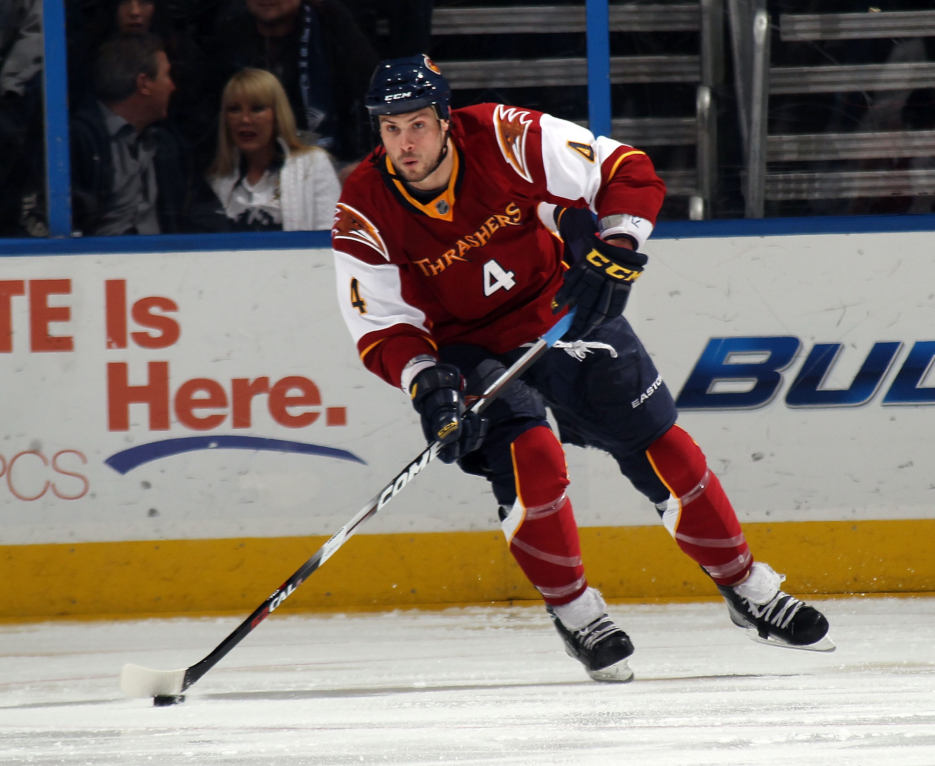 ATLANTA, GA - MARCH 25:  Zach Bogosian #4 of the Atlanta Thrashers skates against the Vancouver Canucks at the Philips Arena on March 25, 2011 in Atlanta, Georgia.  (Photo by Bruce Bennett/Getty Images)