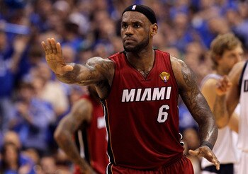 DALLAS, TX - JUNE 07:  LeBron James #6 of the Miami Heat gestures on court in the fourth quarter against the Dallas Mavericks in Game Four of the 2011 NBA Finals at American Airlines Center on June 7, 2011 in Dallas, Texas. NOTE TO USER: User expressly ac