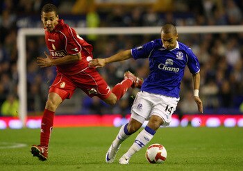 LIVERPOOL, UNITED KINGDOM - SEPTEMBER 18: Evertons James Vaughan in action with Axel Witsel of Standard Liege during the UEFA Cup first round, first leg match, between Everton and Standard Liege at Goodison Park,on September 18, 2008 in Liverpool, Englan LIVERPOOL, UNITED KINGDOM - SEPTEMBER 18: Evertons James Vaughan in action with Axel Witsel of Standard Liege during the UEFA Cup first round, first leg match, between Everton and Standard Liege at Goodison Park,on September 18, 2008 in Liverpool, Englan