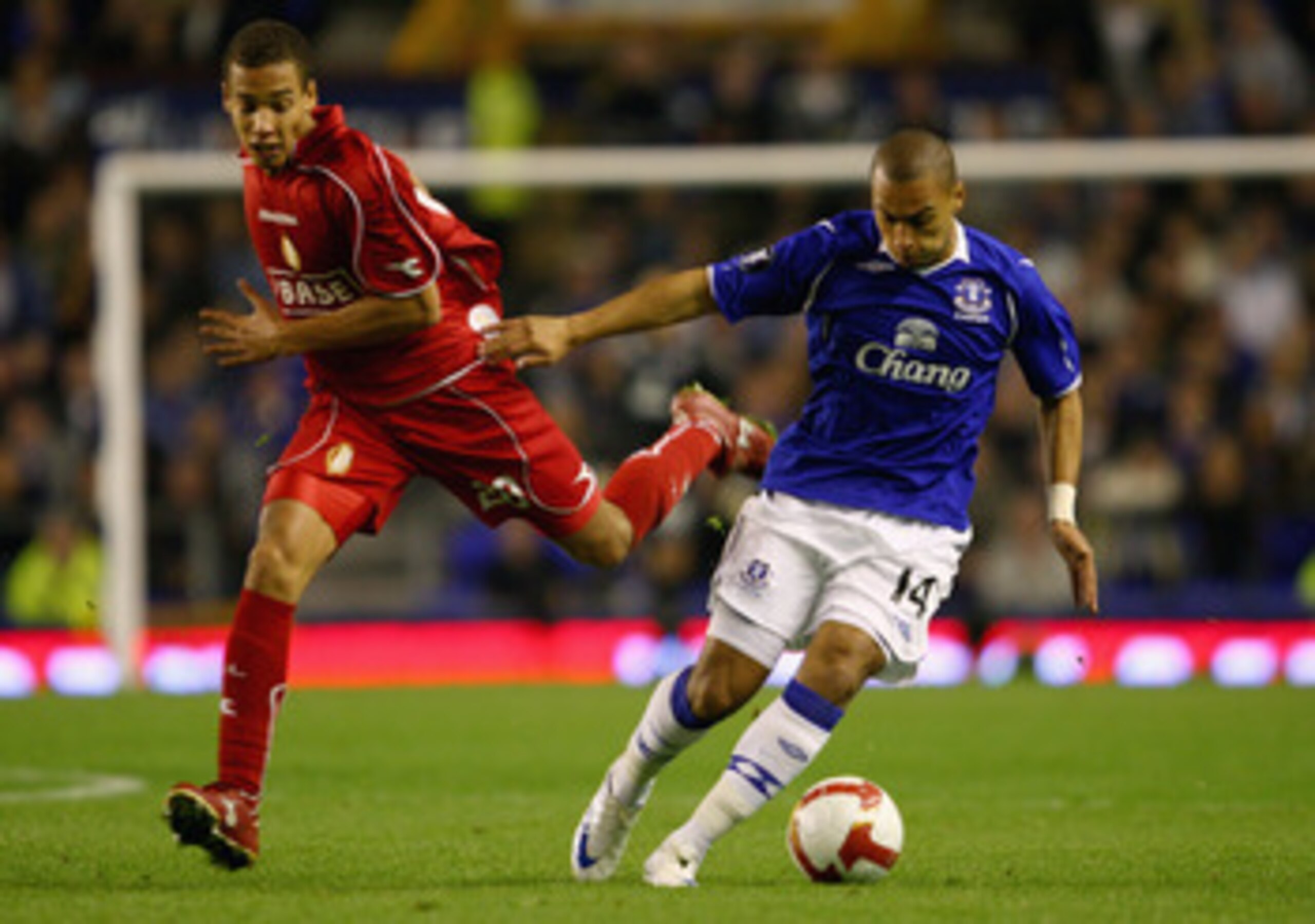 LIVERPOOL, UNITED KINGDOM - SEPTEMBER 18:  Evertons James Vaughan in action with Axel Witsel of Standard Liege during the UEFA Cup first round, first leg match, between Everton and Standard Liege at Goodison Park,on September 18, 2008 in Liverpool, Englan