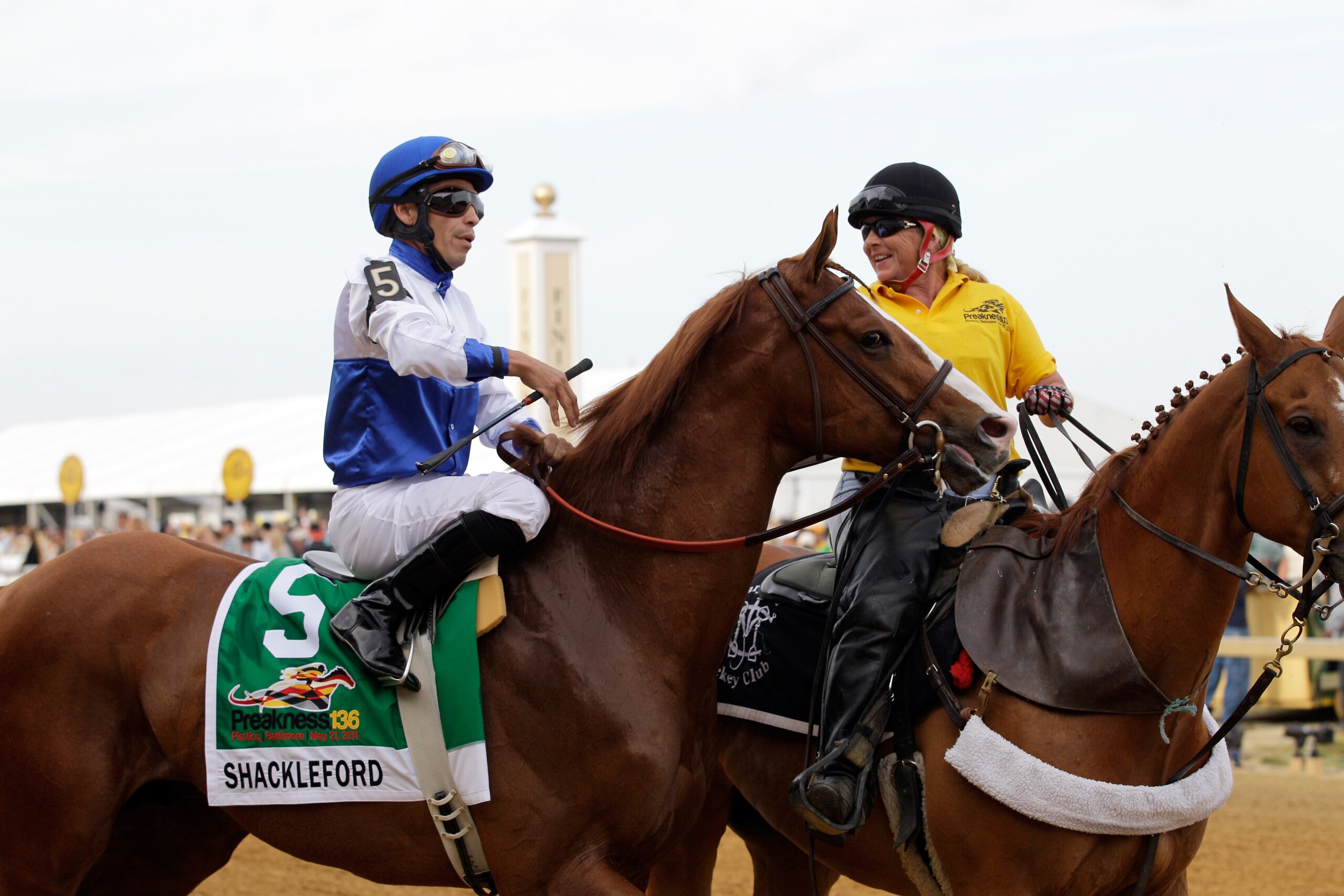 BALTIMORE, MD - MAY 21:  Shackleford #5 with jockey Jesus Castanon aboard  during the post parade before the start of the 136 Preakness Stakes at Pimlico Race Course on May 21, 2011 in Baltimore, Maryland.  (Photo by Rob Carr/Getty Images)