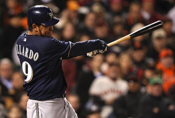 SAN FRANCISCO - APRIL 08:  Yovani Gallardo #49 of the Milwaukee Brewers hits a three run home run against the San Francisco Giants in the fifth inning during a Major League Baseball game on April 8, 2009 at AT&T Park in San Francisco, California.  (Photo 