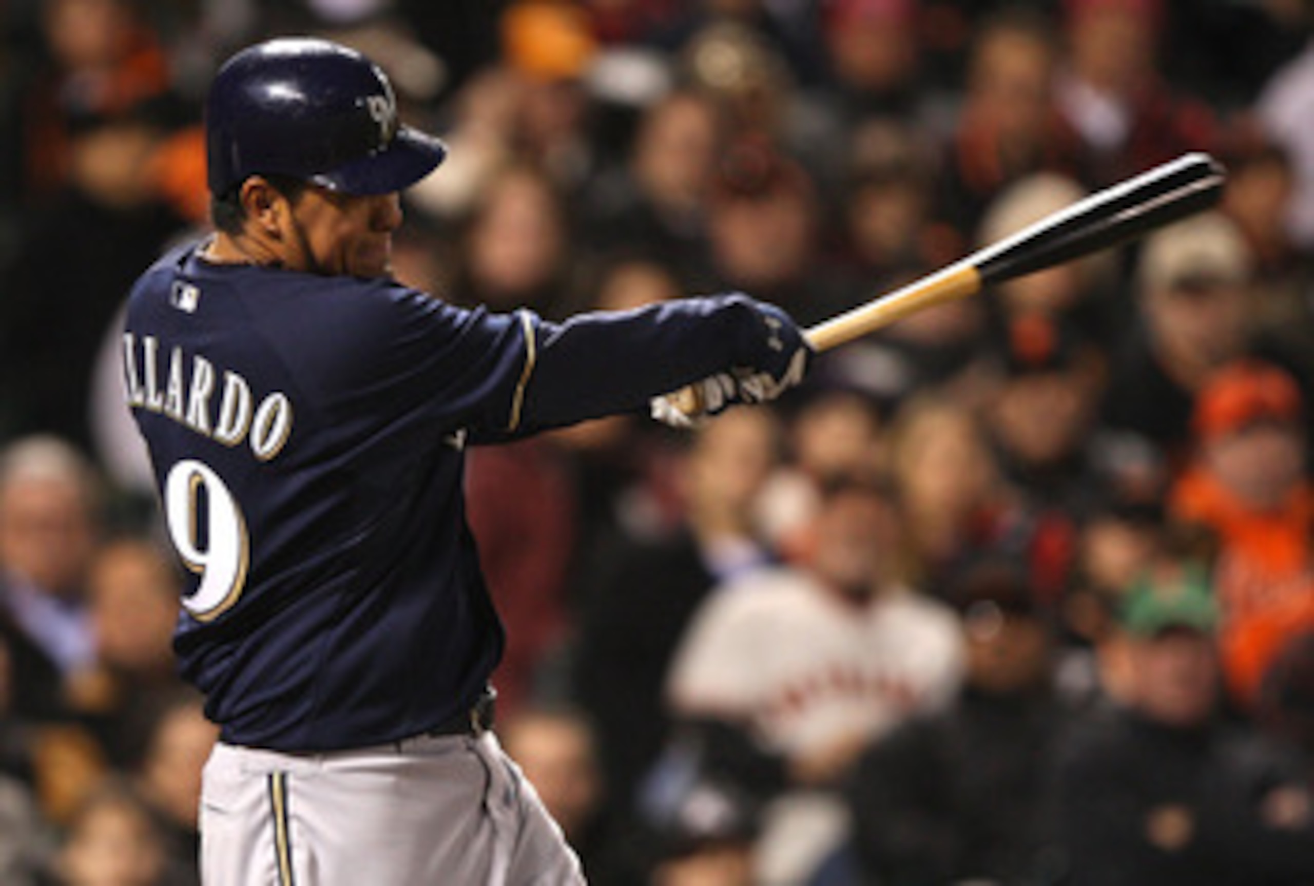 SAN FRANCISCO - APRIL 08:  Yovani Gallardo #49 of the Milwaukee Brewers hits a three run home run against the San Francisco Giants in the fifth inning during a Major League Baseball game on April 8, 2009 at AT&T Park in San Francisco, California.  (Photo 