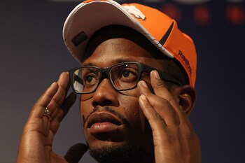 ENGLEWOOD, CO - APRIL 29:  Von Miller of the Denver Broncos adjusts his glasses while speaking to the media at Dove Valley on April 29, 2011 in Englewood, Colorado. Miller, a projected outside linebacker in head coach John Fox's new 4-3 scheme, was select