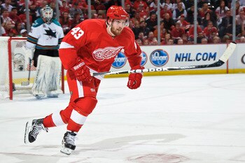 DETROIT - MAY 4: Darren Helm #43 of the Detroit Red Wings skates against the San Jose Sharks in Game Three of the Western Conference Semifinals during the 2011 NHL Stanley Cup Playoffs on May 4, 2011 at Joe Louis Arena in Detroit, Michigan. (Photo by Jami