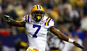 ATLANTA - DECEMBER 31:  Cornerback Patrick Peterson #7 of the LSU Tigers reacts after forcing a fumble and turnover by the Georgia Tech Yellow Jackets during the Chick-fil-A Bowl on December 31, 2008 at the Georgia Dome in Atlanta, Georgia.  (Photo by Kev