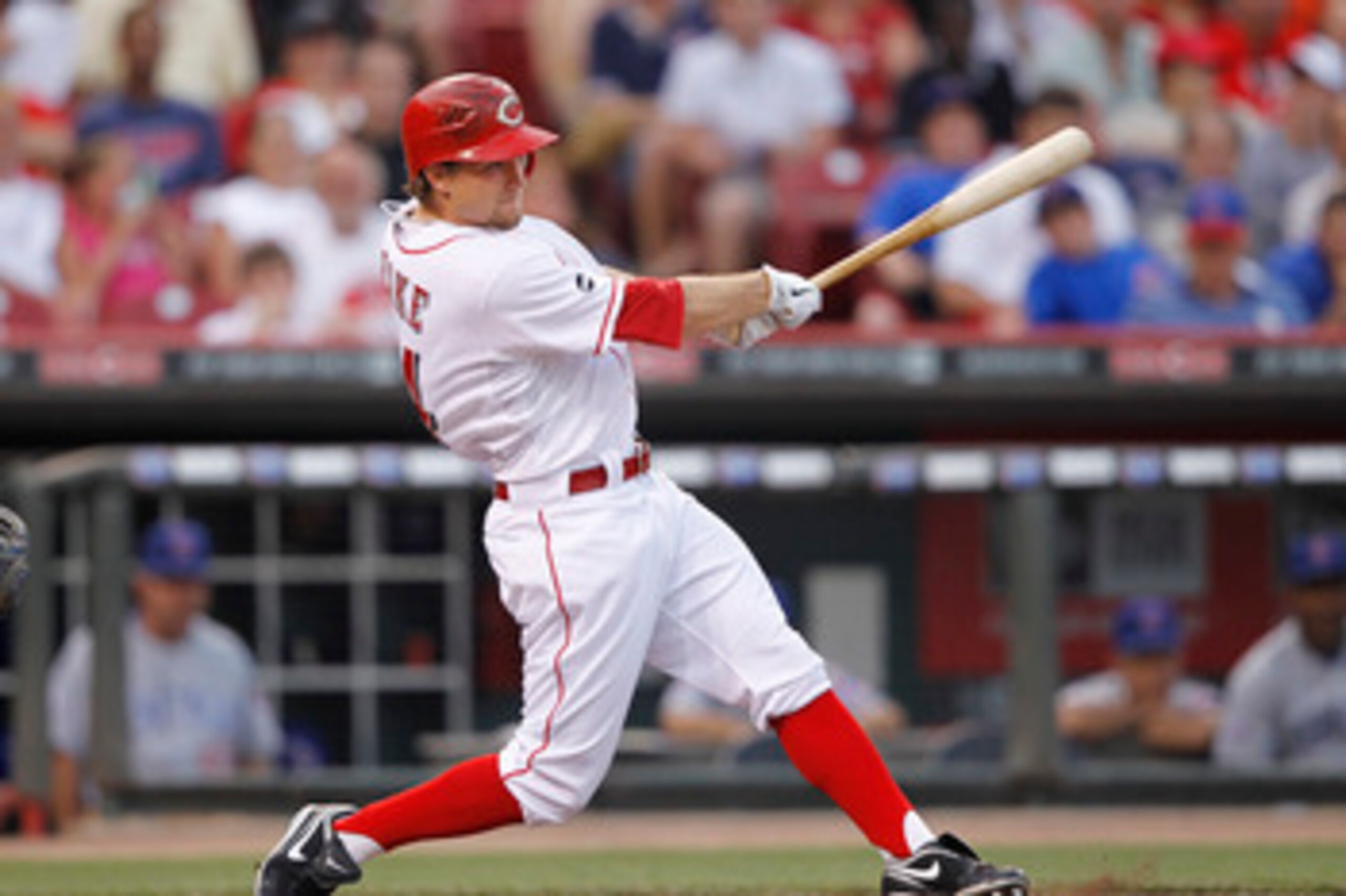 CINCINNATI, OH - JUNE 6: Mike Leake #44 of the Cincinnati Reds singles in a run in the fourth inning against the Chicago Cubs at Great American Ball Park on June 6, 2011 in Cincinnati, Ohio. (Photo by Joe Robbins/Getty Images)