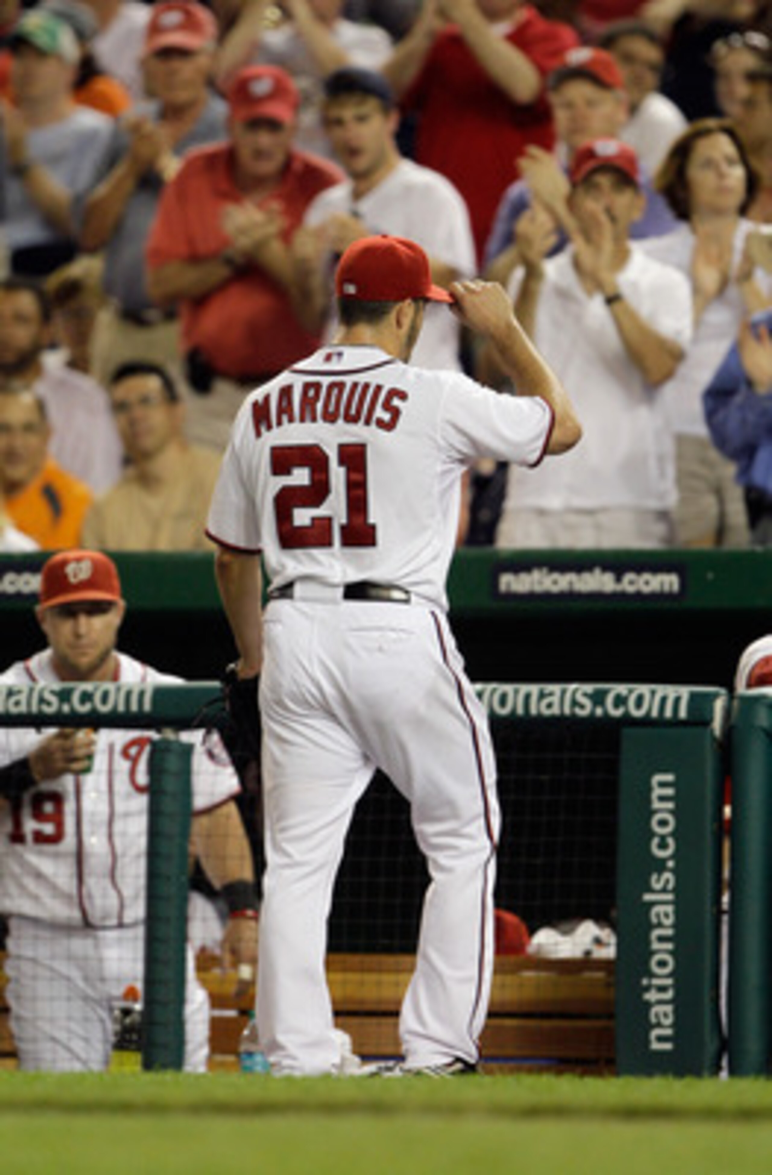 WASHINGTON, DC - MAY 31: Starting pitcher Jason Marquis #21 of the Washington Nationals tips his hat to the crowd after being removed during the seventh inning against the Philadelphia Phillies at Nationals Park on May 31, 2011 in Washington, DC. The Nati
