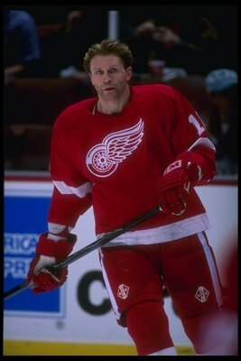 5 Apr 1996:  Defenseman Vladimir Konstantinov of the Detroit Red Wings looks on during a game against the Anaheim Mighty Ducks at Arrowhead Pond in Anaheim, California.  The game was a tie, 2-2. Mandatory Credit: Jamie Squire  /Allsport