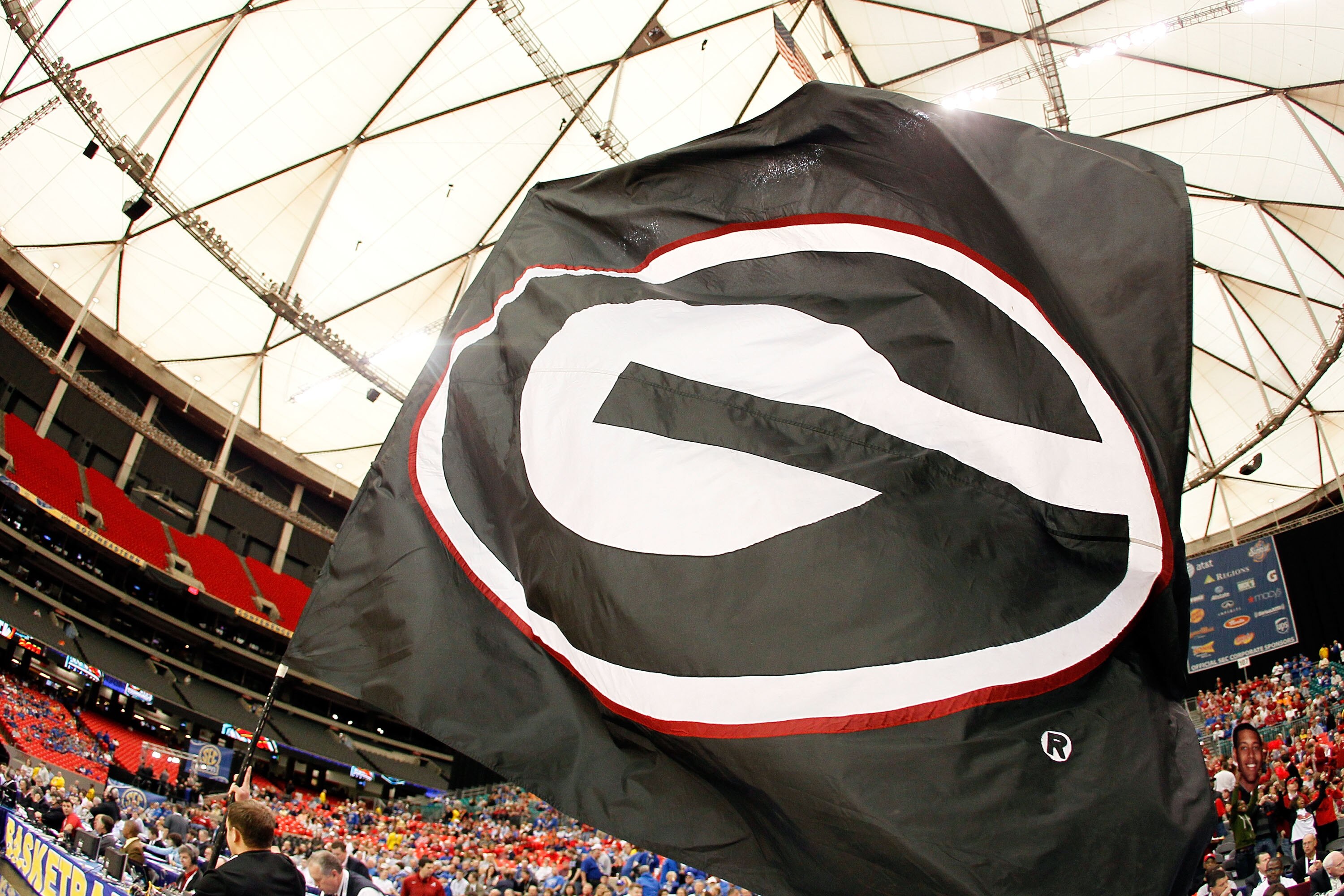 ATLANTA, GA - MARCH 11: A Georgia Bulldogs flag is displayed prior to their game against the Alabama Crimson Tide during the quarterfinals of the SEC Men's Basketball Tournament at Georgia Dome on March 11, 2011 in Atlanta, Georgia.  (Photo by Kevin C. Co