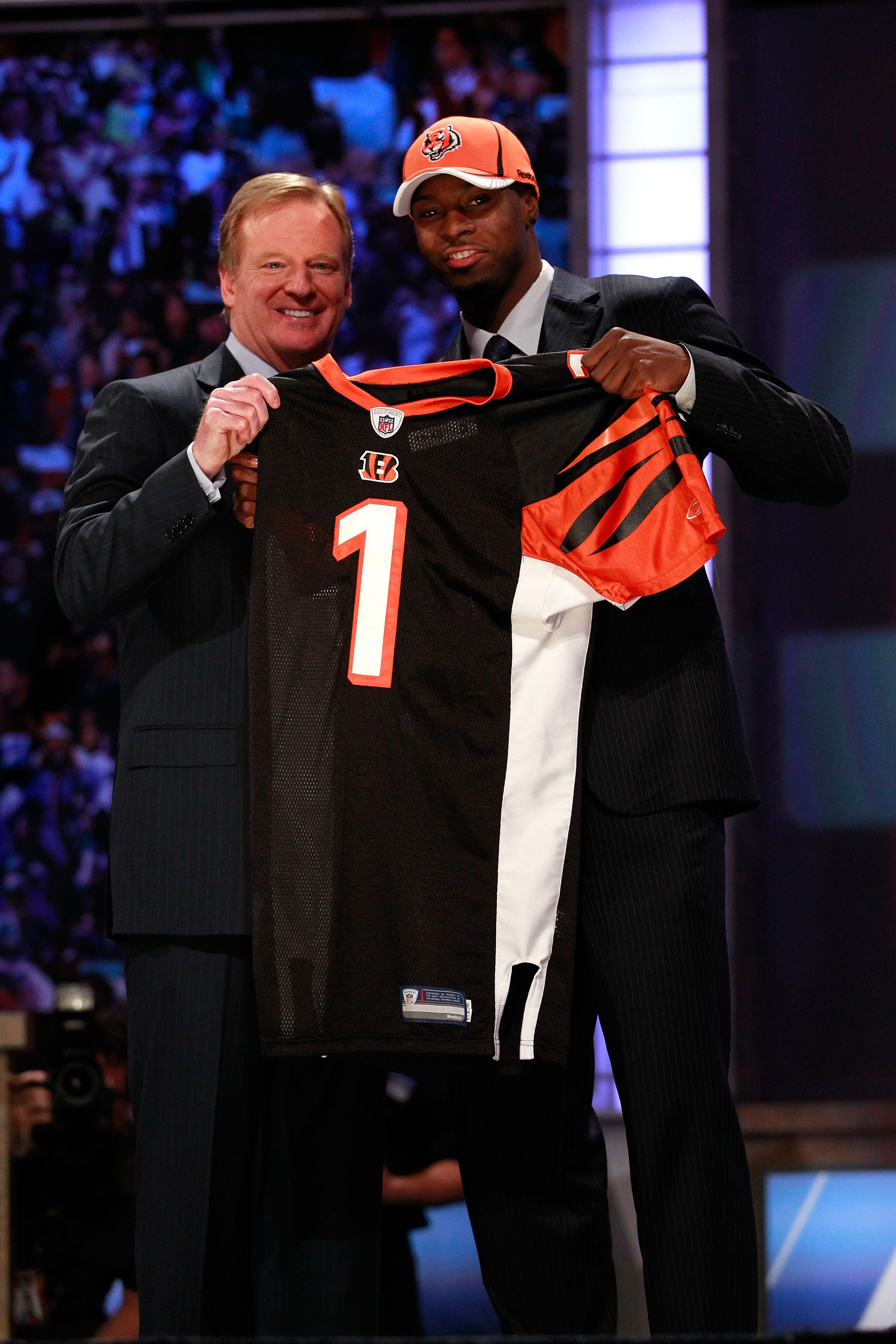 NEW YORK, NY - APRIL 28:  NFL Commissioner Roger Goodell poses for a photo with A.J. Green, #4 overall pick by the Cincinnati Bengals, as Green holds up a jersey during the 2011 NFL Draft at Radio City Music Hall on April 28, 2011 in New York City.  (Phot