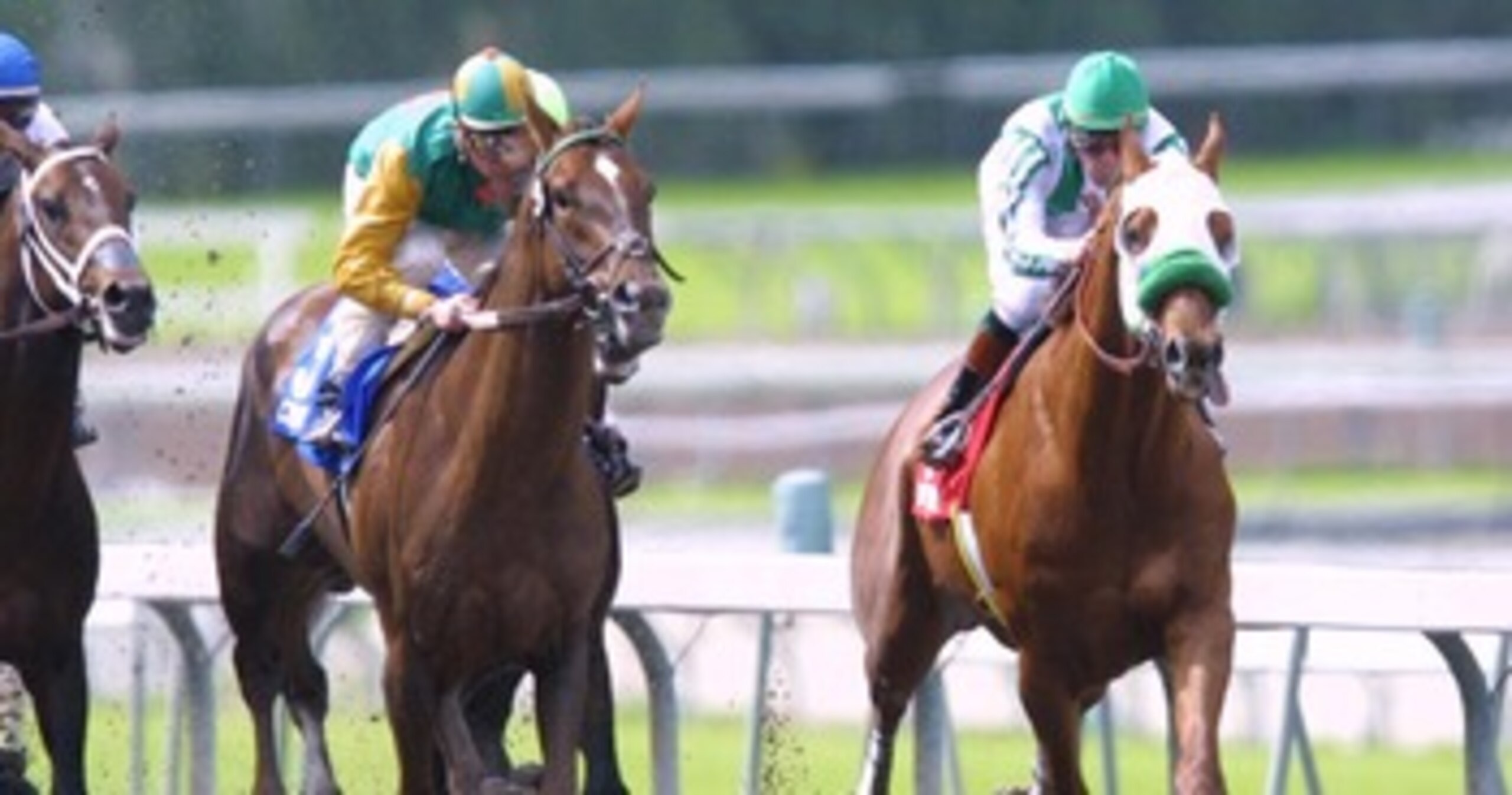 7 Apr 2001:  Point Given ridden by Gary Stevens (far right) takes an early lead over C.T. Crafty ridden by Eddie Delahoussaye during the Santa Anita Derby at Santa Anita Park in Arcadia, California. DIGITAL IMAGE. Mandatory Credit: Jeff Gross/ALLSPORT
