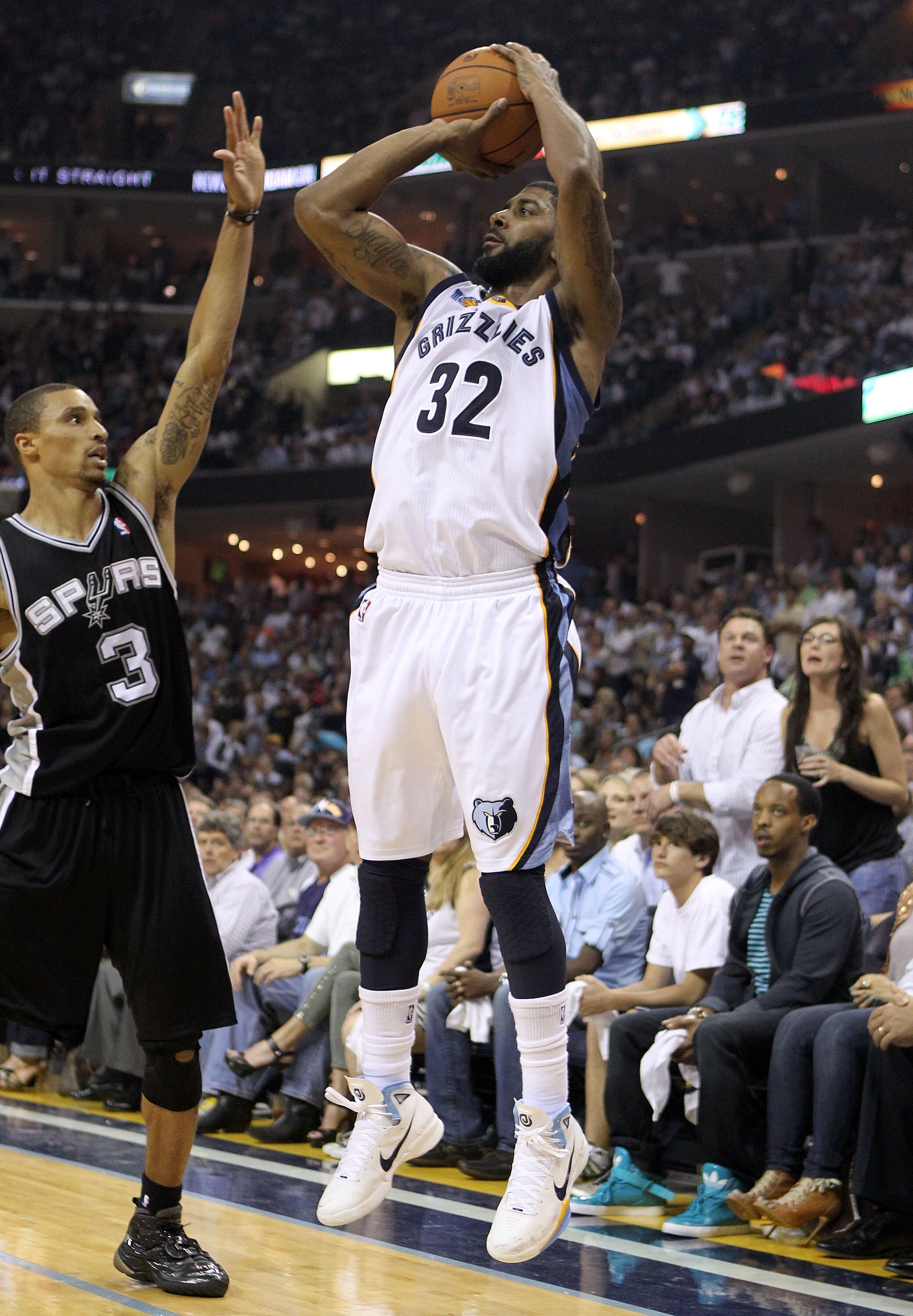MEMPHIS, TN - APRIL 25:  O.J. Mayo #32 of the   Memphis Grizzlies shoots the ball during the game against the San Antonio Spurs in Game Four of the Western Conference Quarterfinals in the 2011 NBA Playoffs at FedExForum on April 25, 2011 in Memphis, Tenne